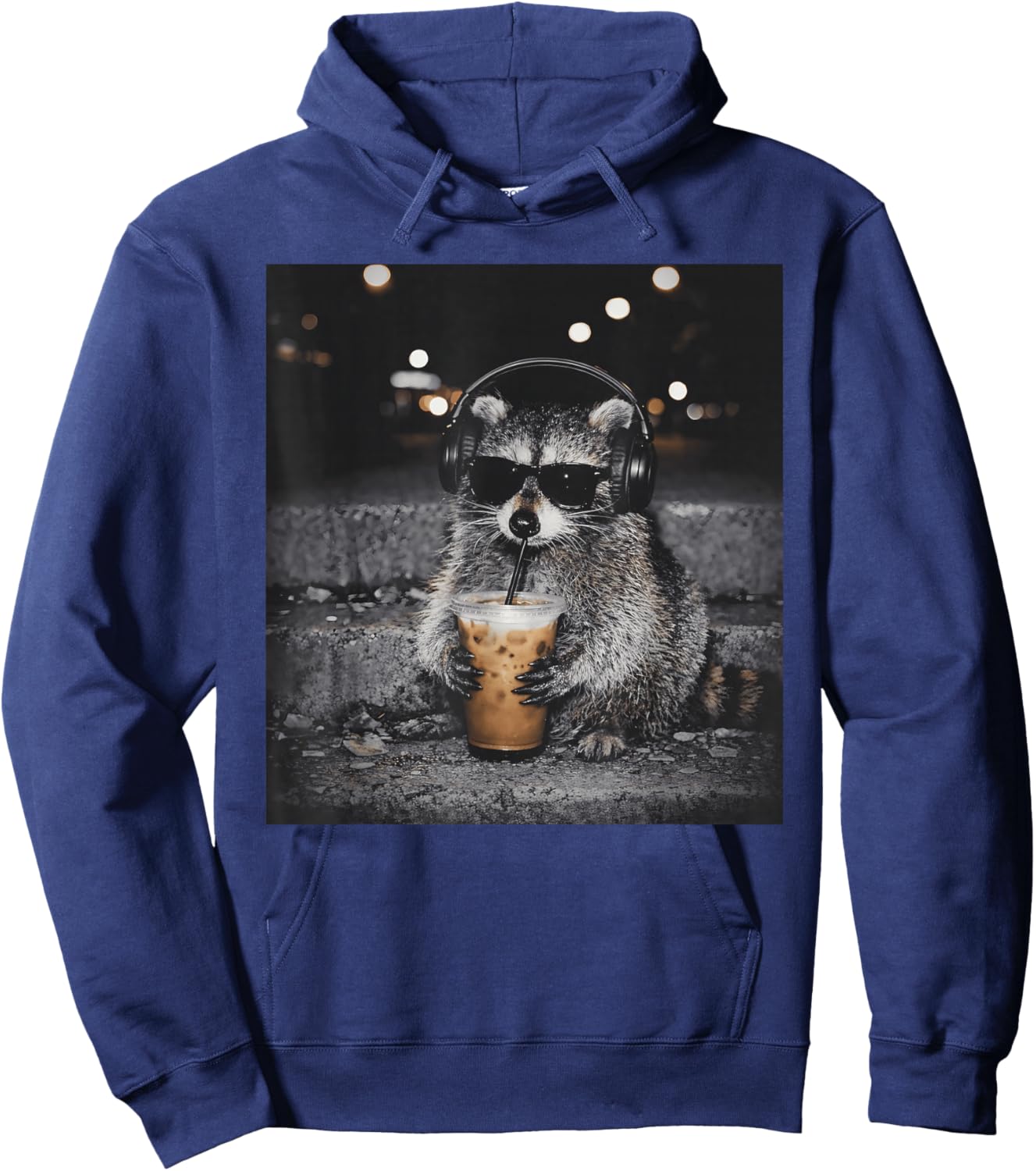 Raccoon Drinking Iced Coffee Funny Animal Meme Men Women Hoodie - Hoodie | Navy