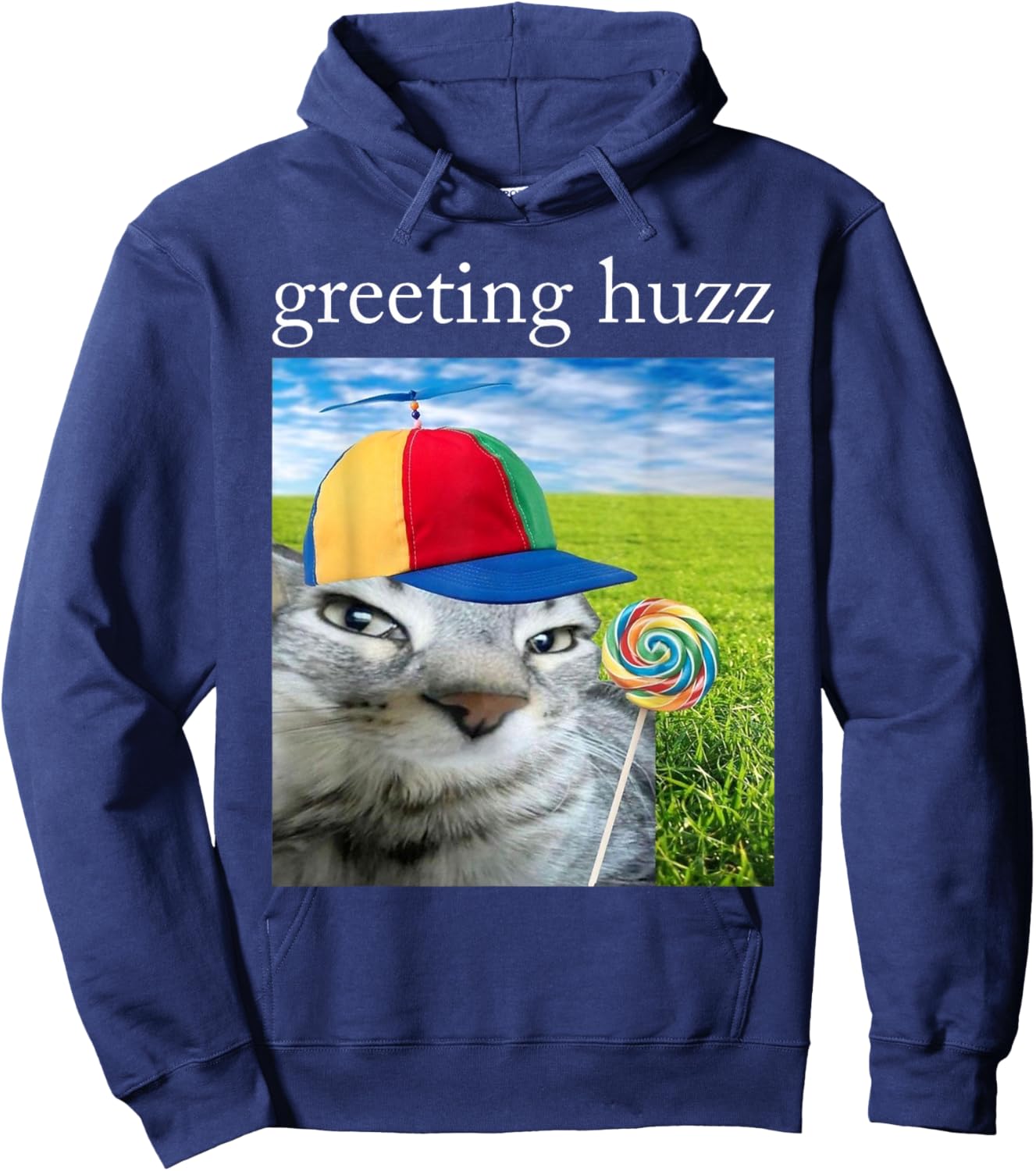 Greetings Huzz Funny Silly Cat with Lollipop Gen Z Meme Hoodie - Hoodie | Navy