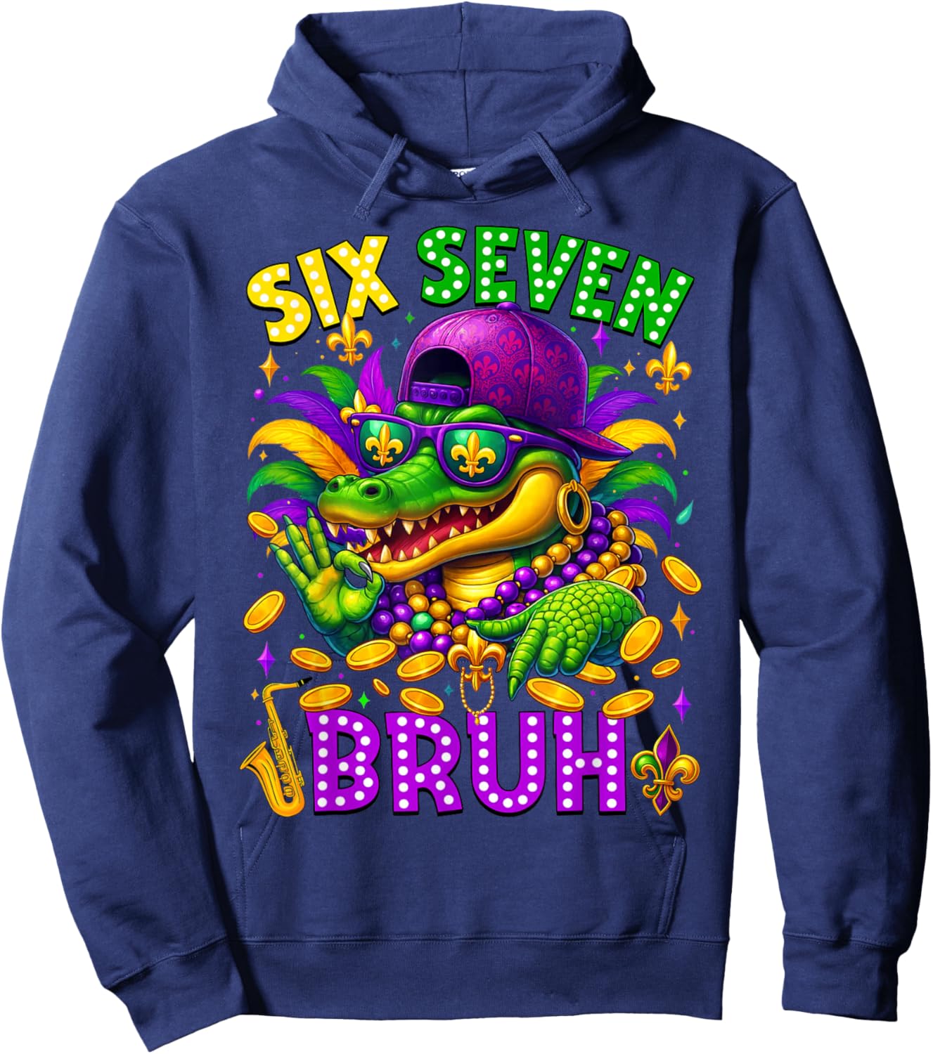 Mardi Gras Six Seven Bruh Mardigator Alligator 6 7 Meme Boy Hoodie - Hoodie | Navy