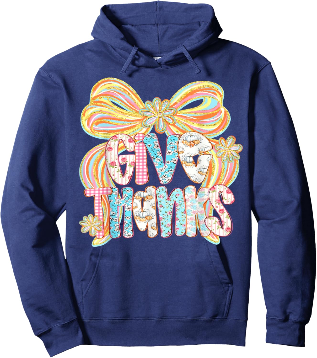 Thanksgiving Give Thanks Floral Fall Coquette Women Girl Kid Hoodie - Hoodie | Navy
