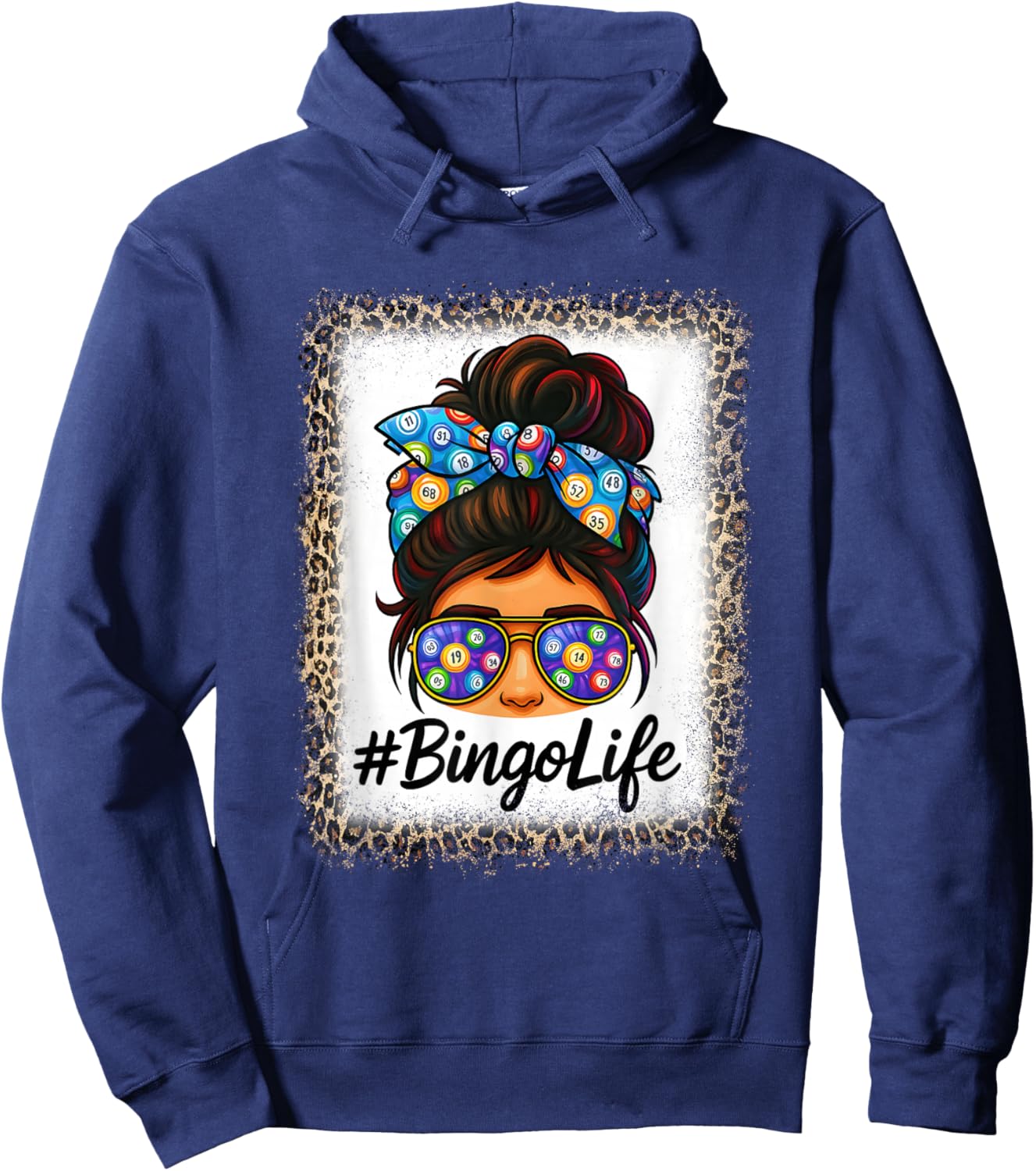 Bingo Life Messy Bun Women Bingo Lover Grandma Leopard Print Hoodie - Hoodie | Navy