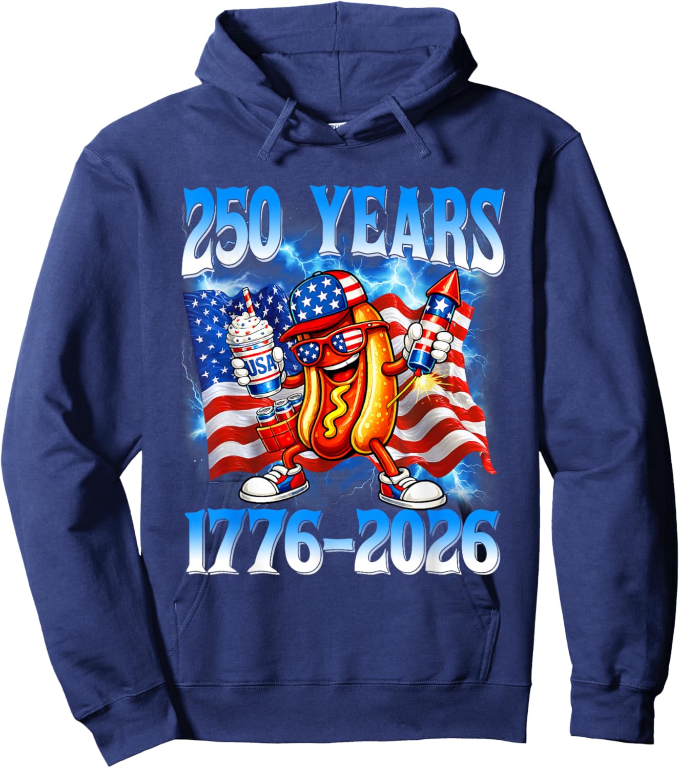 250 Years 1776 2026 250th American Flag 4th of July Hotdog Hoodie - Hoodie | Navy