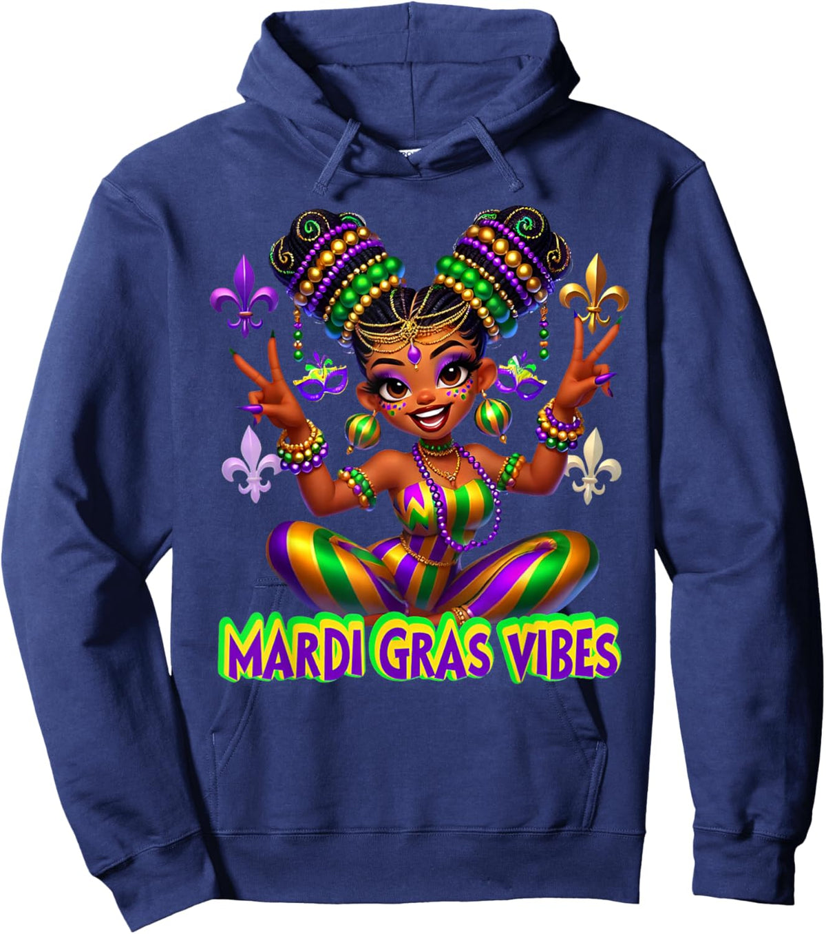 Mardi Gras Vibes Carnival New Orleans Beads Fleur De Lis Hoodie - Hoodie | Navy
