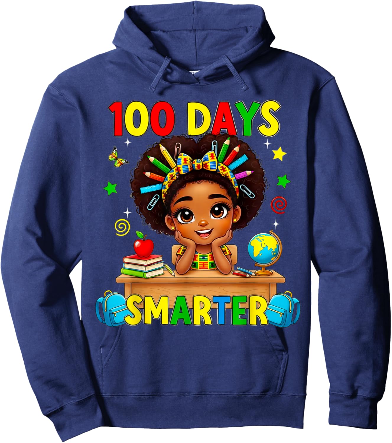 100 Days of School Afro Girl 100th Day Teacher Messy Bun Hoodie - Hoodie | Navy