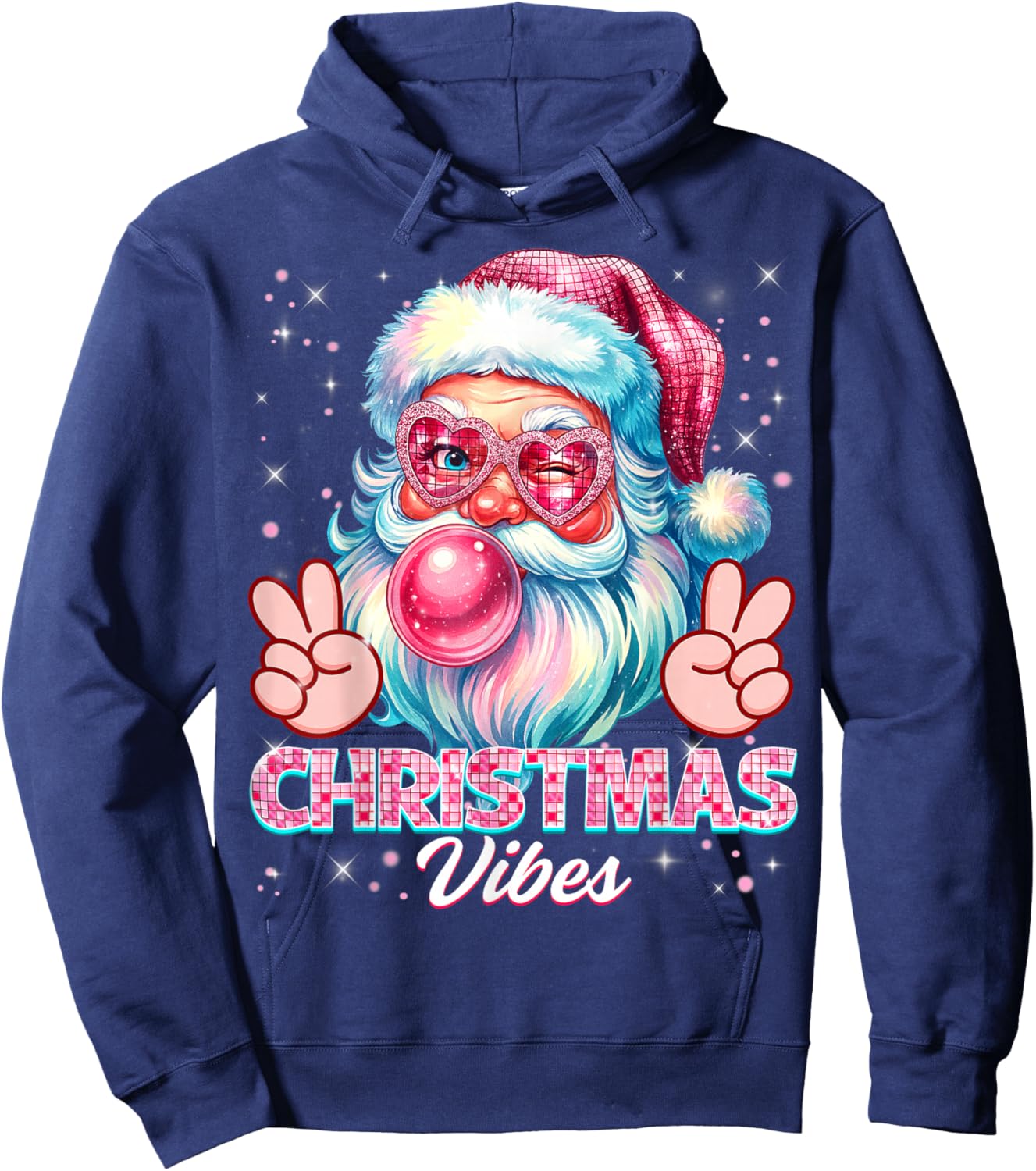 Christmas Vibes Cute Pink Santa Vintage Retro Pjs Women Girl Hoodie - Hoodie | Navy