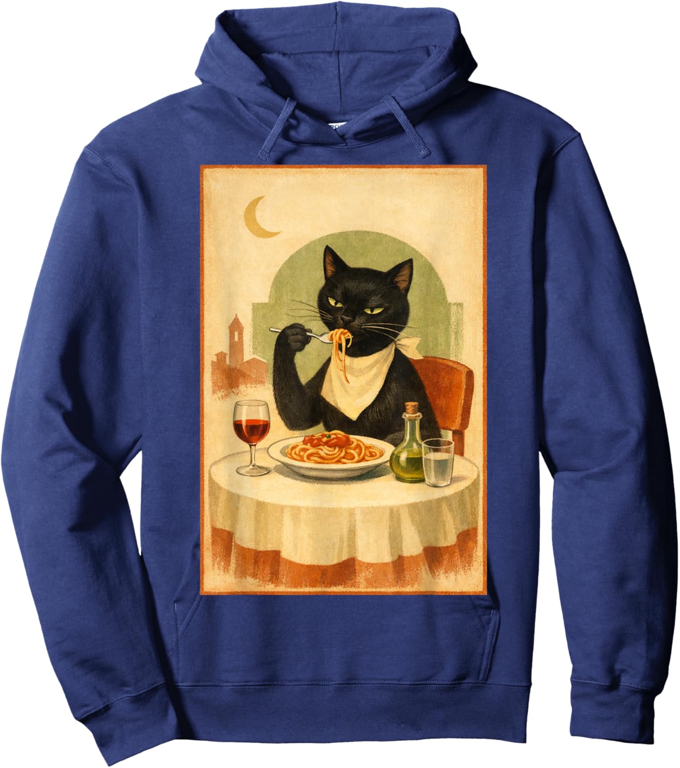 Black Cat Eating Spaghetti Illustration Hoodie - Hoodie | Navy