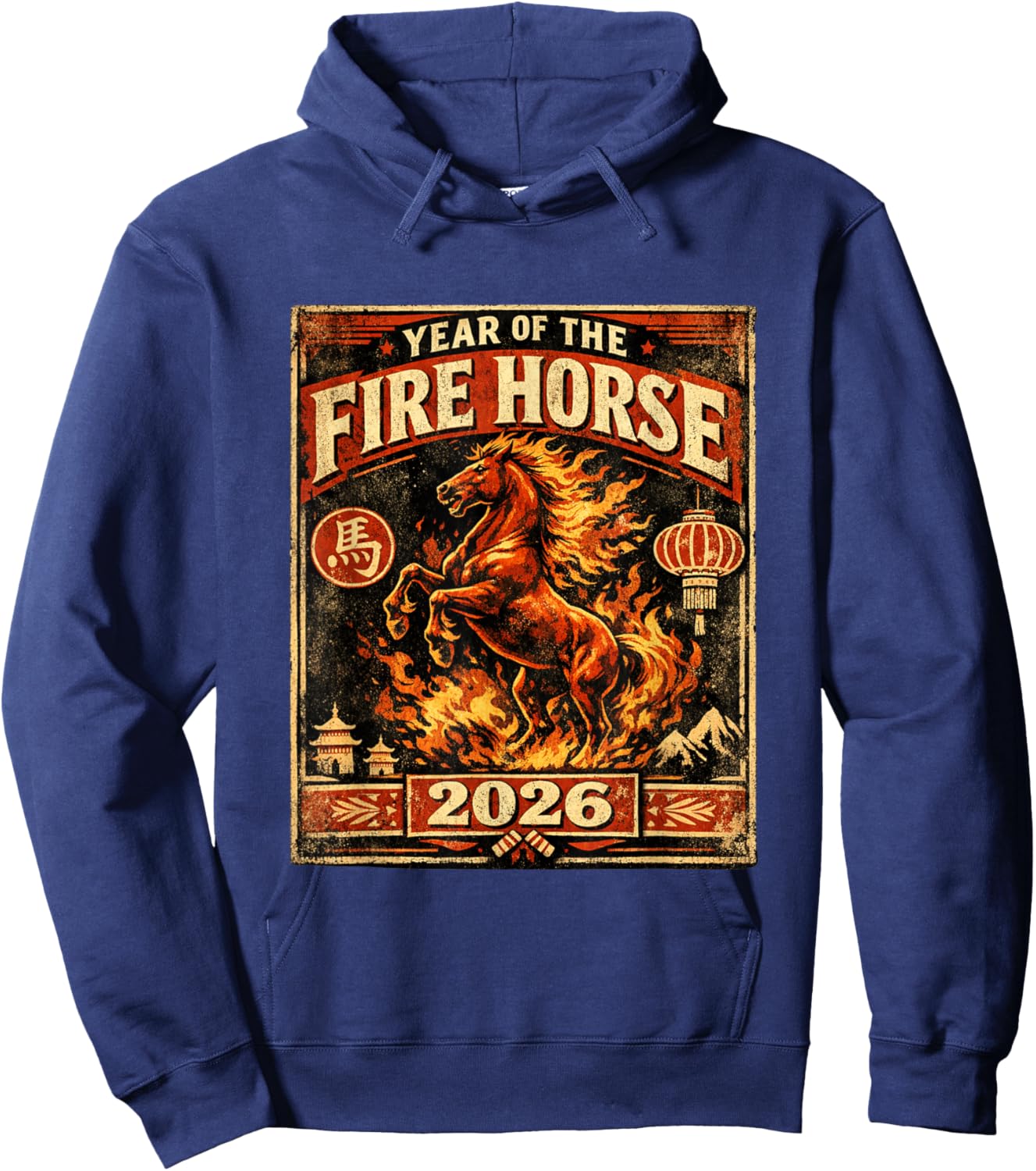 New Year Fire Horse 2026 Vintage Chinese Zodiac Retro Hoodie - Hoodie | Navy