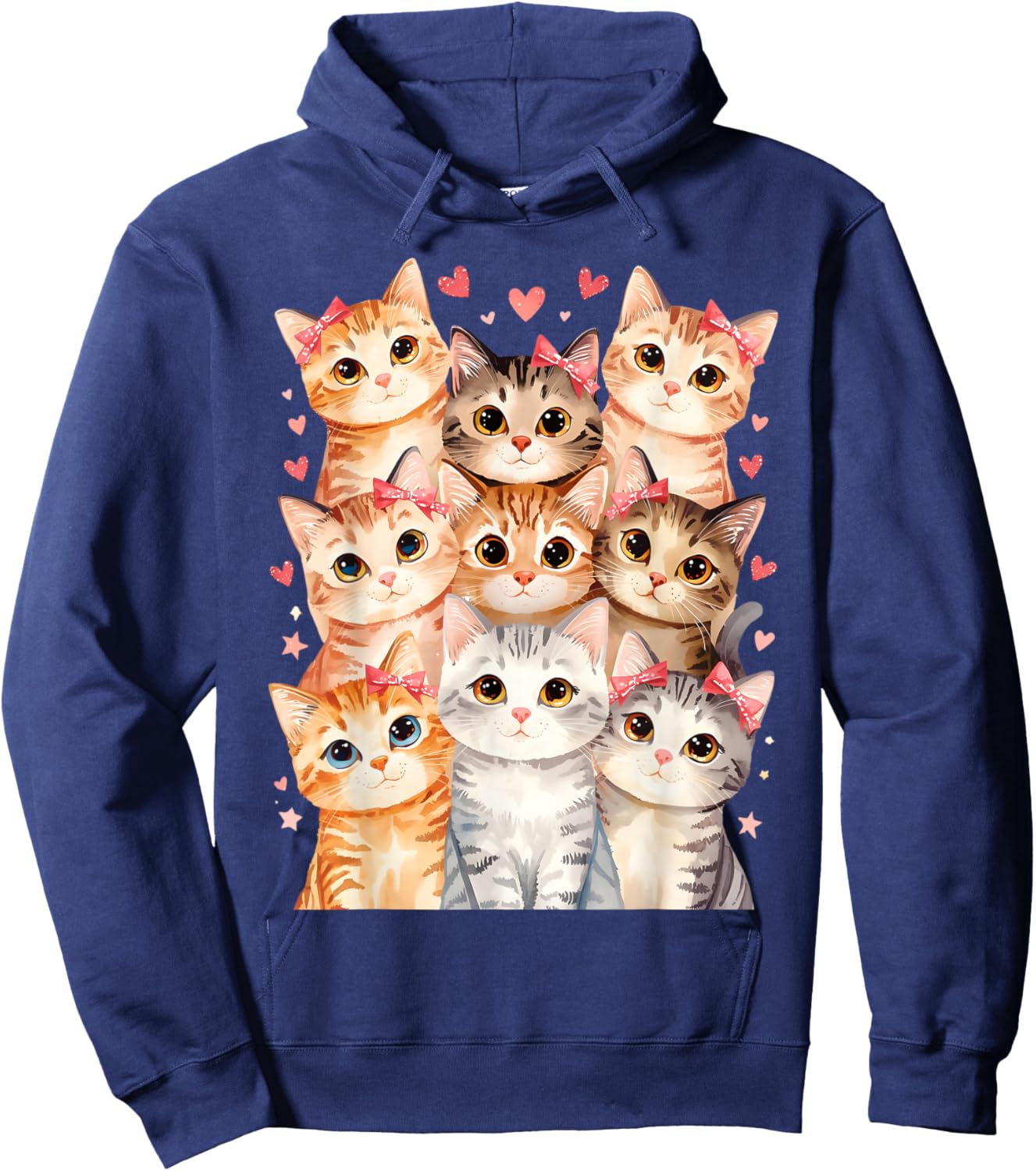 Cat Loving Girls Nine Cats with Pink Bows and Love Heart Hoodie - Hoodie | Navy