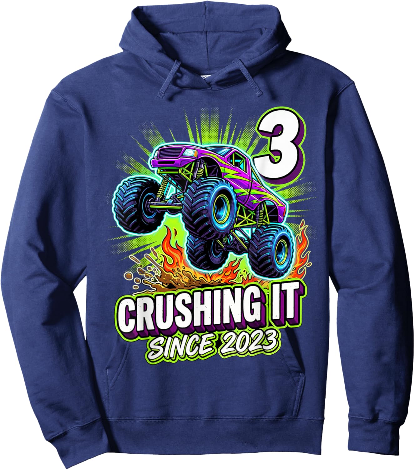 Birthday Monster Truck 3 Year Old Boys 3rd Party Born 2023 Hoodie - Hoodie | Navy