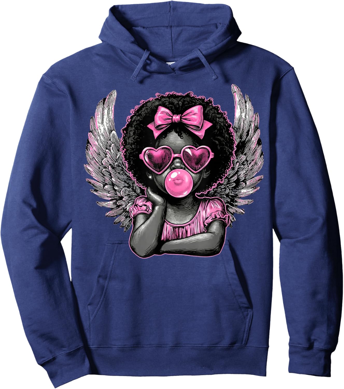 Afro Cupid with Sunglasses Blowing Bubble Gum Valentine Hoodie - Hoodie | Navy