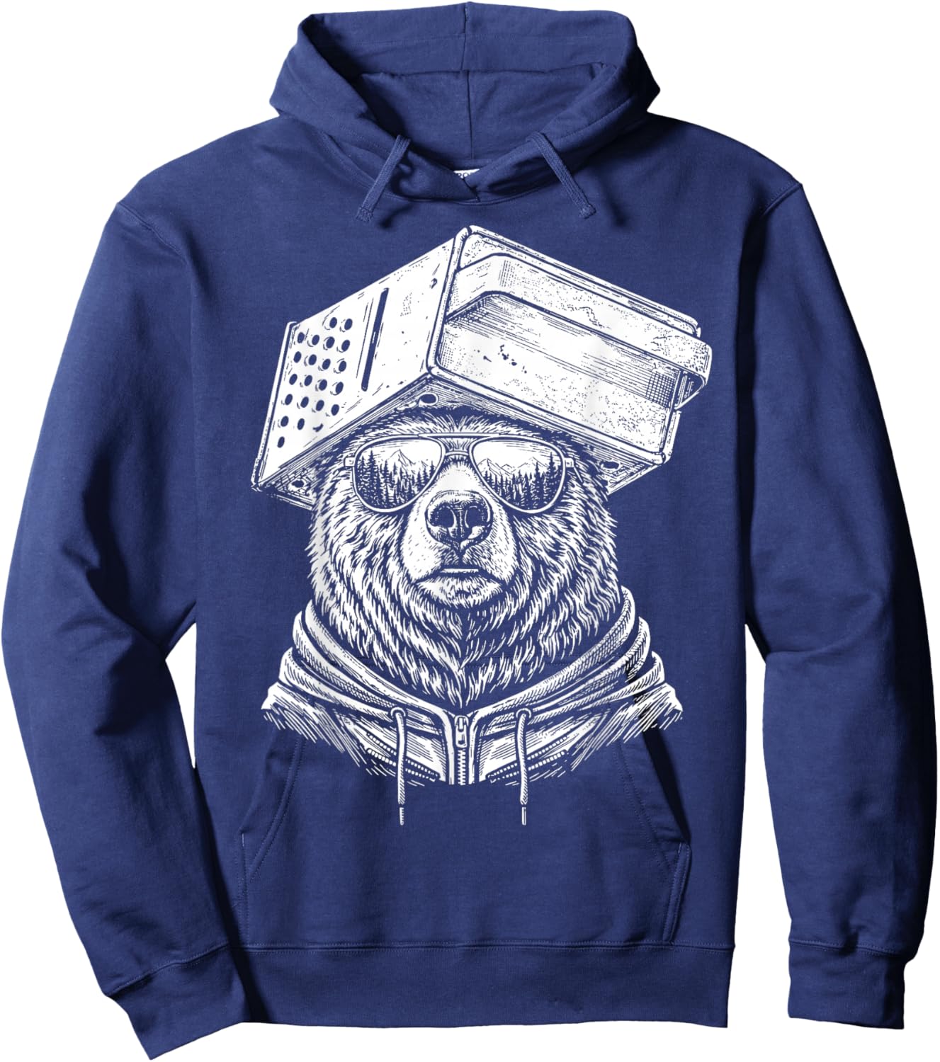 Retro Bear Wearing Cheese Grater Hat with Sunglasses Funny Hoodie - Hoodie | Navy