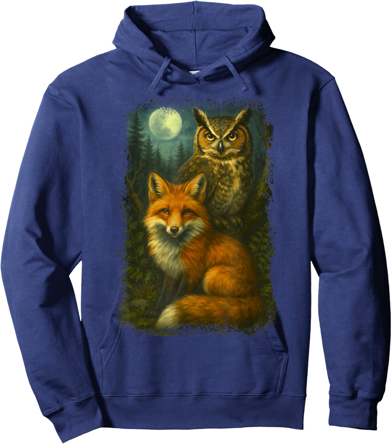 Vintage Owl and Fox 90s Graphic | Retro Hunter Wildlife Hoodie - Hoodie | Navy