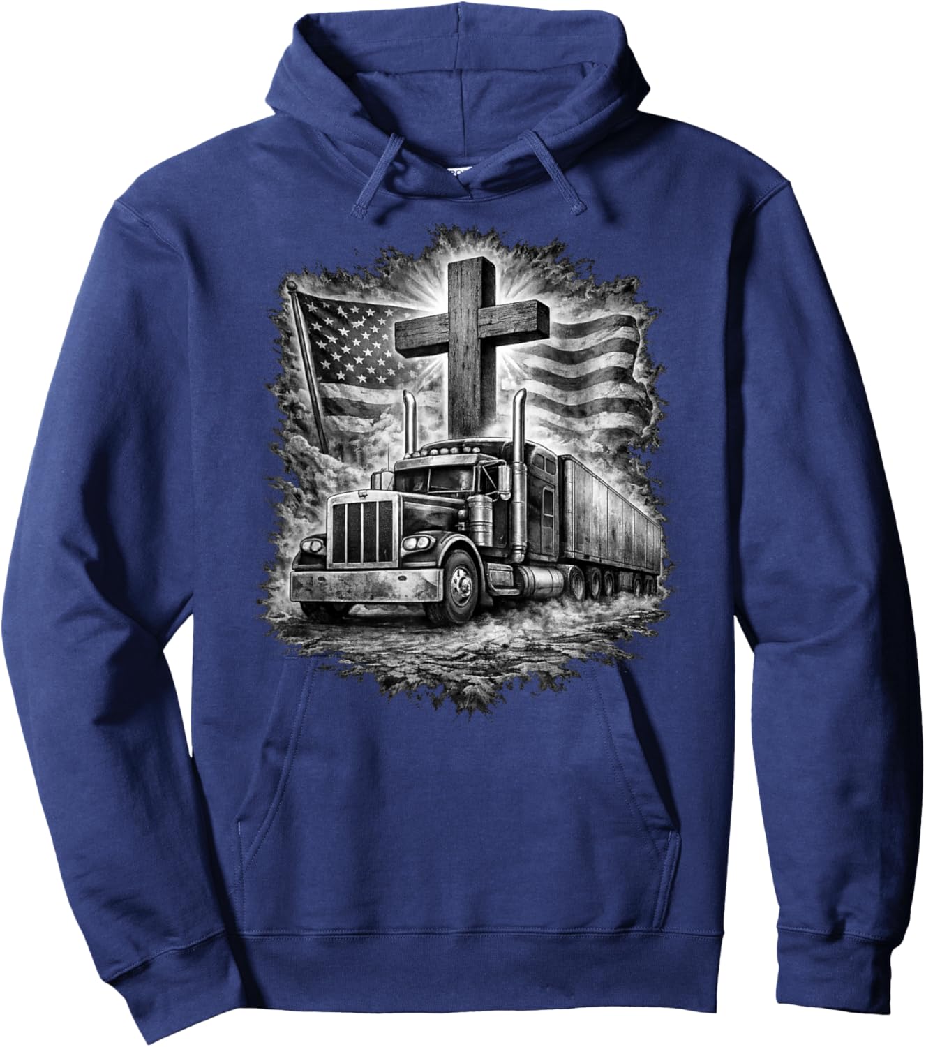 Trucker Patriotic American Flag Christian Cross Semi Truck Hoodie - Hoodie | Navy