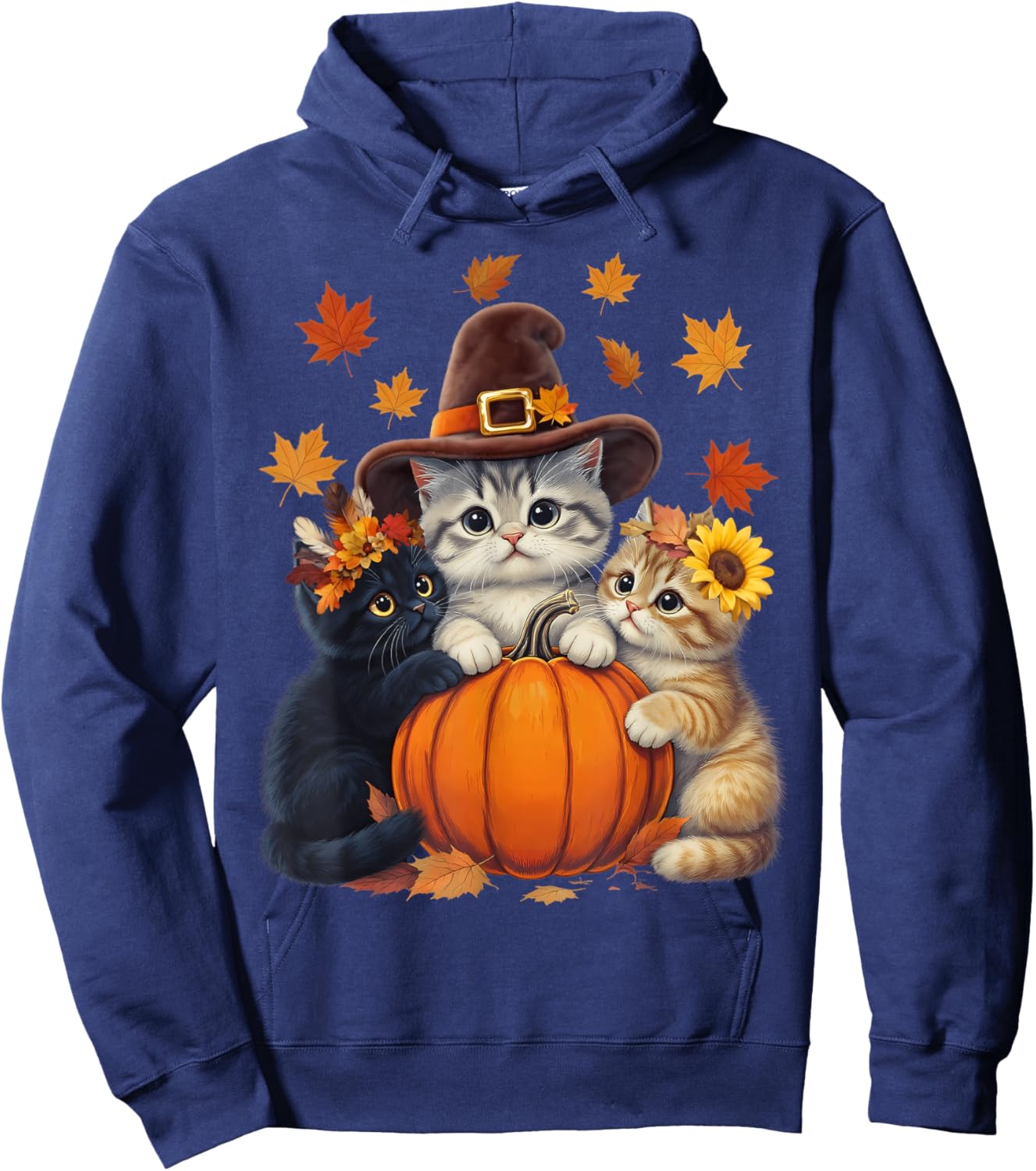 Thanksgiving Kittens and Pumpkin Cats Lover Men Women Fall Hoodie - Hoodie | Navy