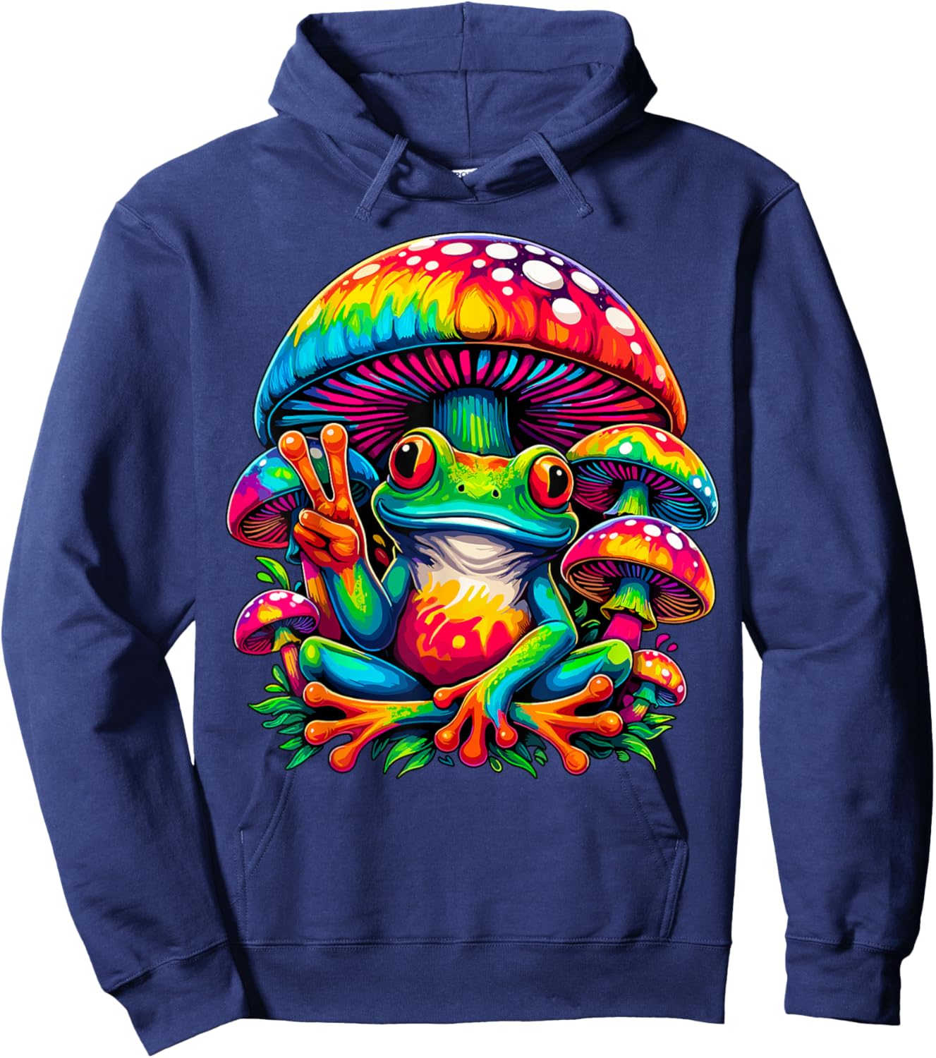Tie-Dye Frog Peace Sign Mushroom Hippie Hoodie - Hoodie | Navy