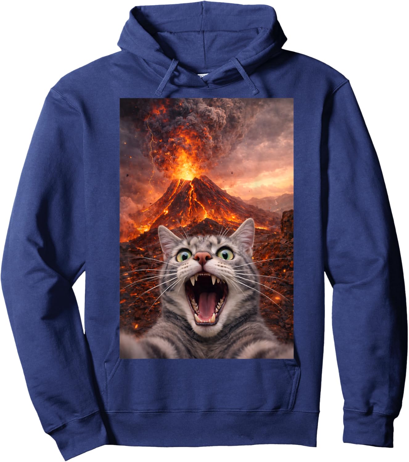 Funny Scared Cat Selfie During Volcano Eruption Hoodie - Hoodie | Navy