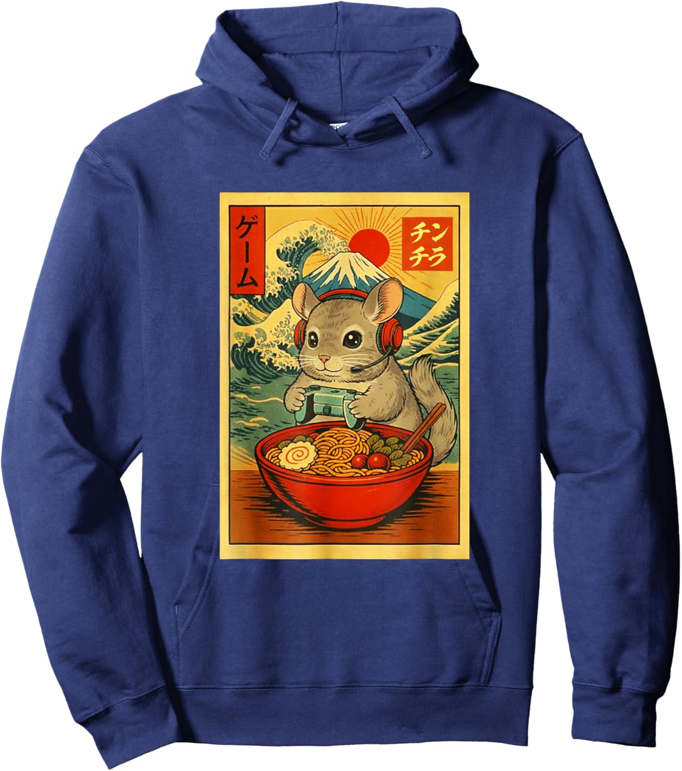 Chinchilla Rodent Gaming Ramen Ukiyo-e Great Wave Retro Hoodie - Hoodie | Navy