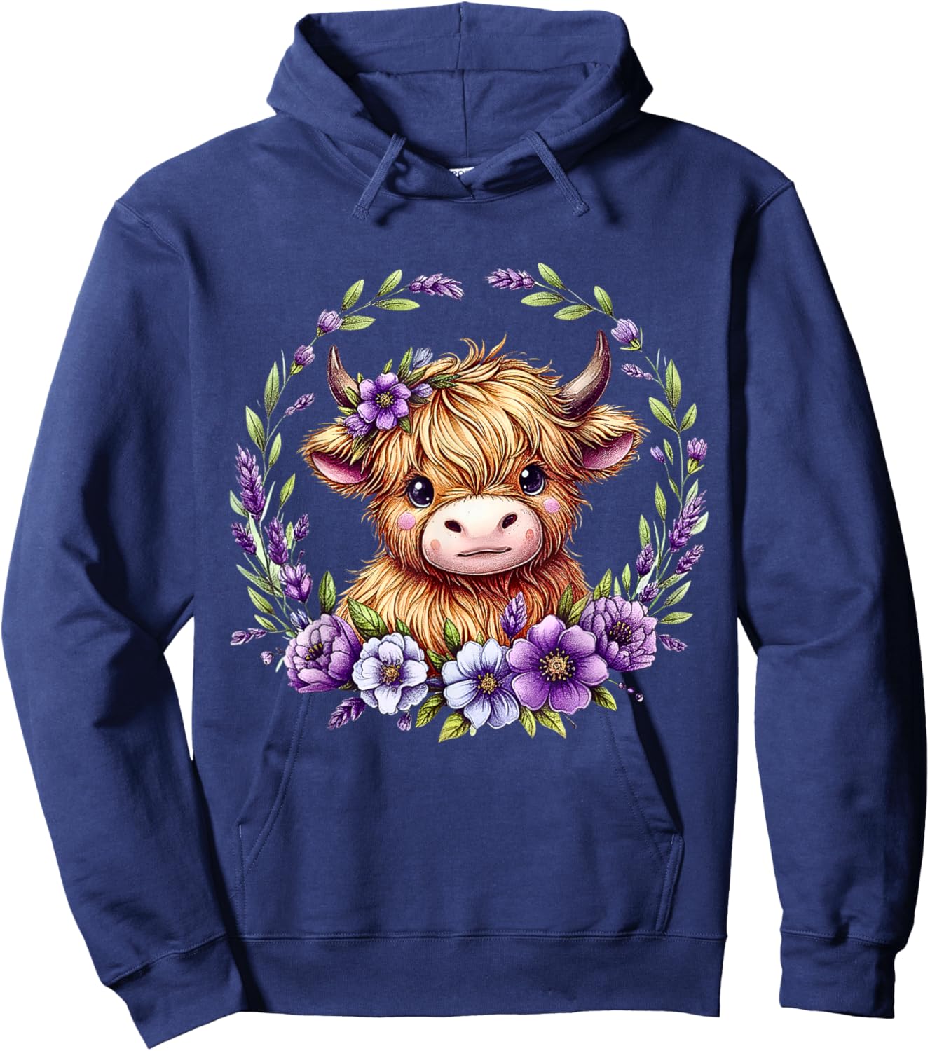 Baby Highland Cow with Purple Flowers Scottish Farm Hoodie - Hoodie | Navy