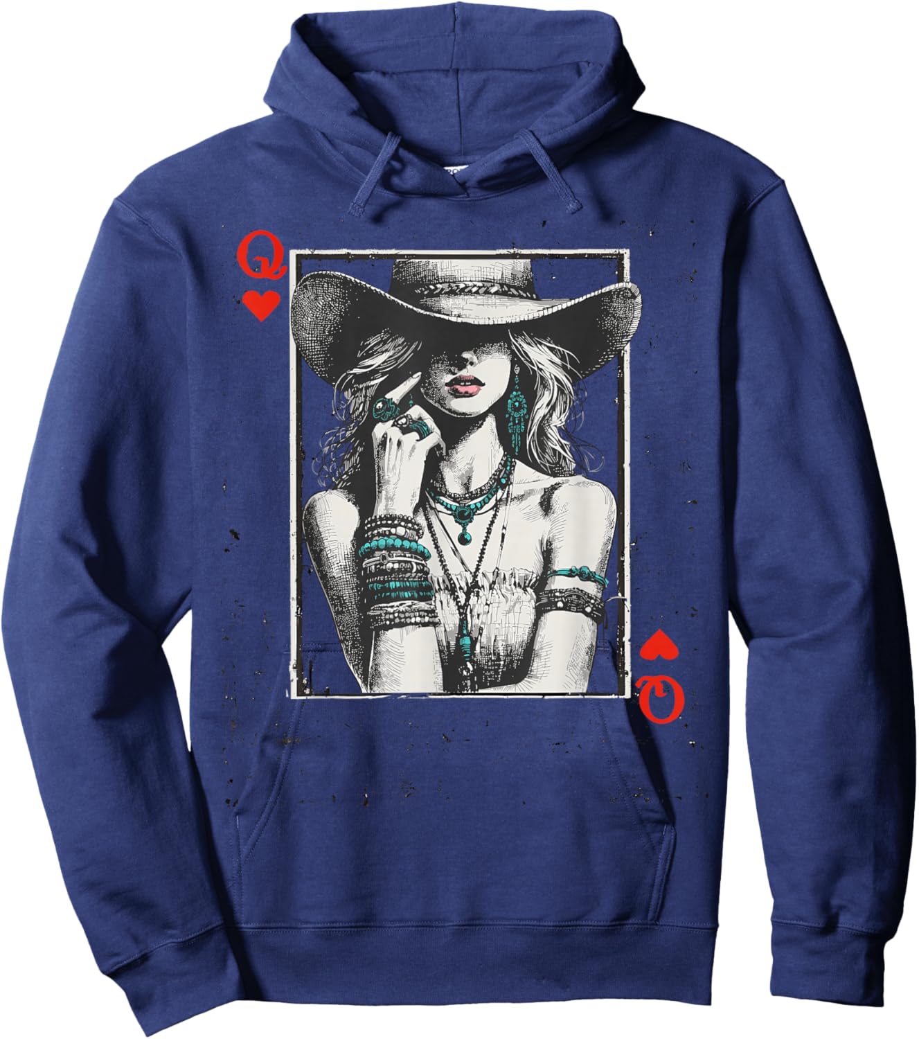 Western Cowgirl Valentine Queen of Hearts Card Vintage Style Hoodie - Hoodie | Navy