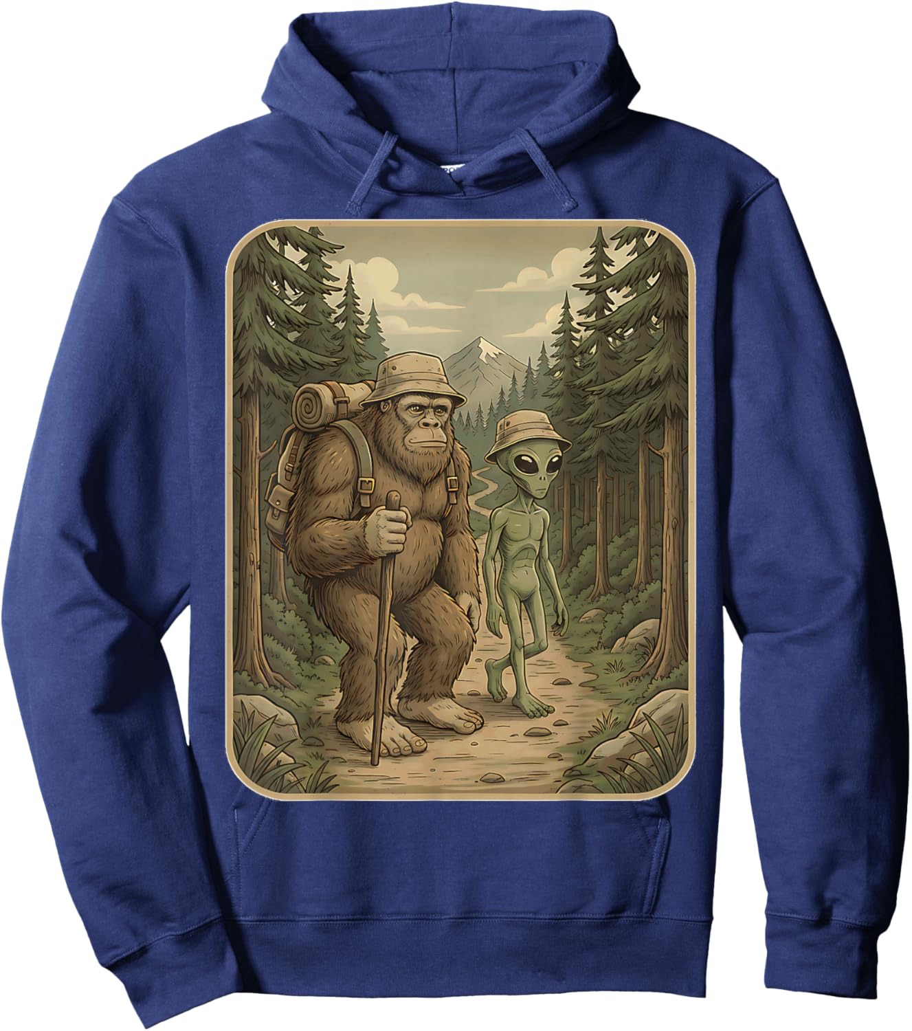 Funny Bigfoot & Alien UFO Camping Outdoor Adventures Hiking Hoodie - Hoodie | Navy