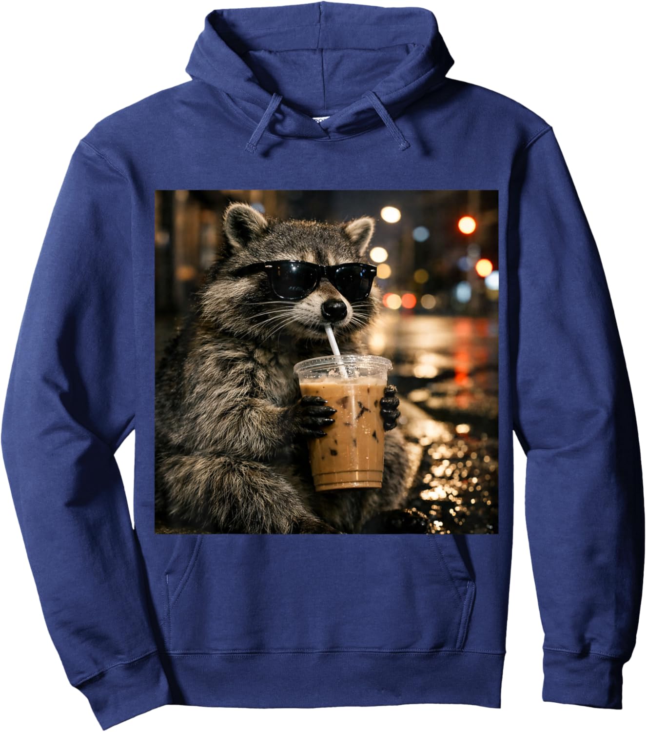 Raccoon Drinking Iced Coffee Funny Animal Meme Men Women Hoodie - Hoodie | Navy