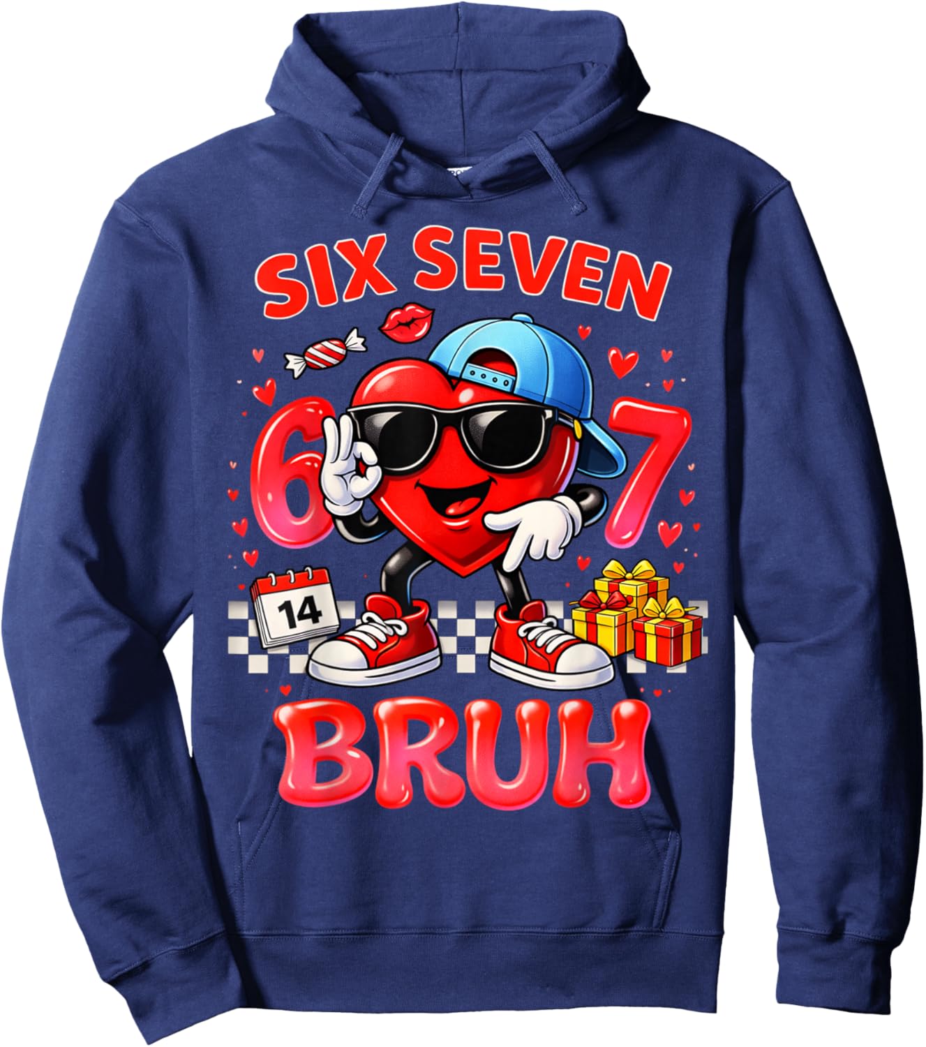 Six Seven Bruh Heart 67 Meme Valentines Day Kids Boys Youth Hoodie - Hoodie | Navy