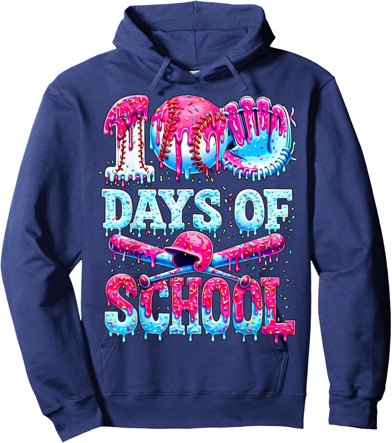 Survived 100 Days of School Baseball Ice Cream Drip Boy Kids Hoodie - Hoodie | Navy