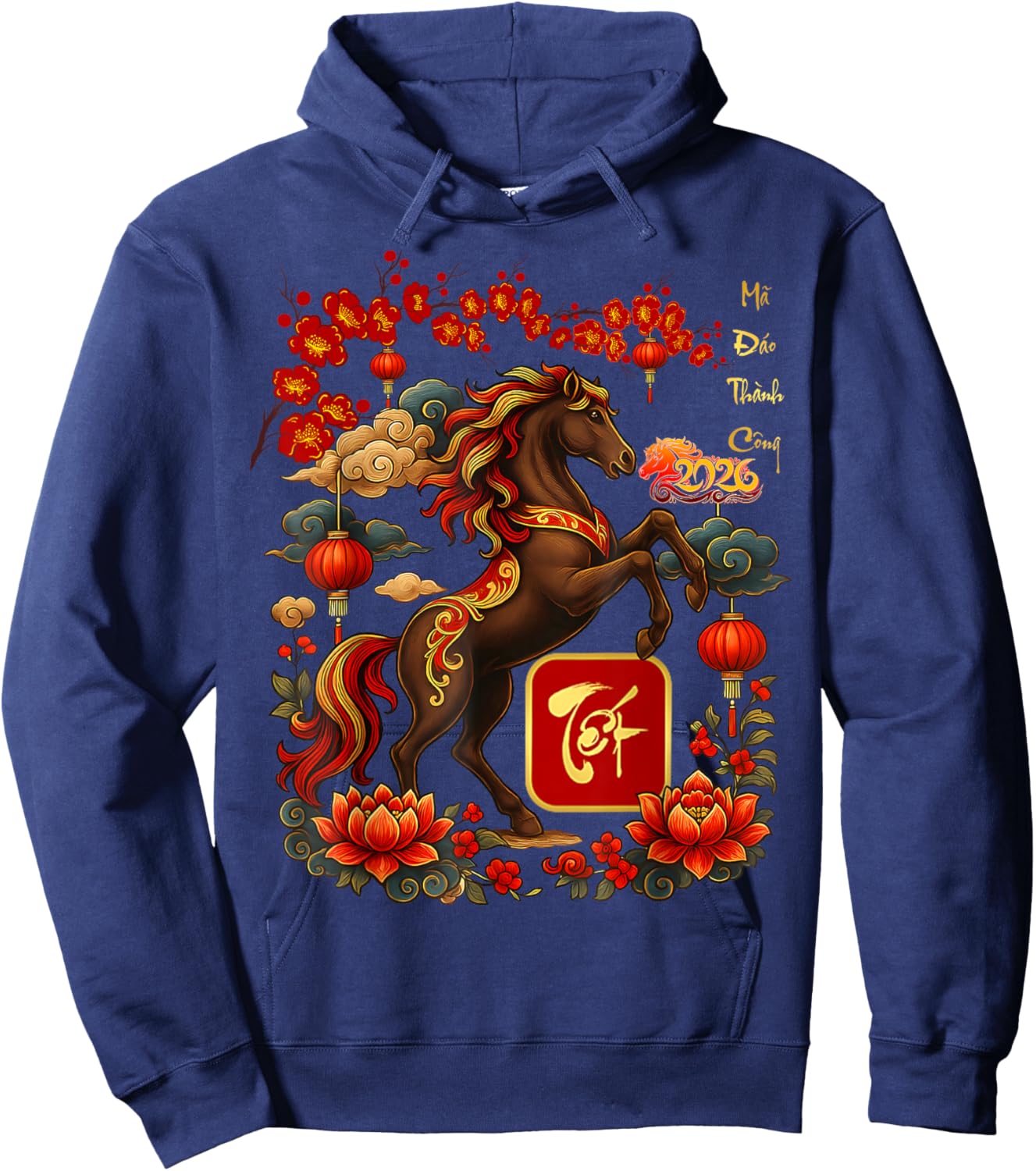 Peach Blossom Vietnamese Lunar New Year Horse 2026 Chinese Hoodie - Hoodie | Navy