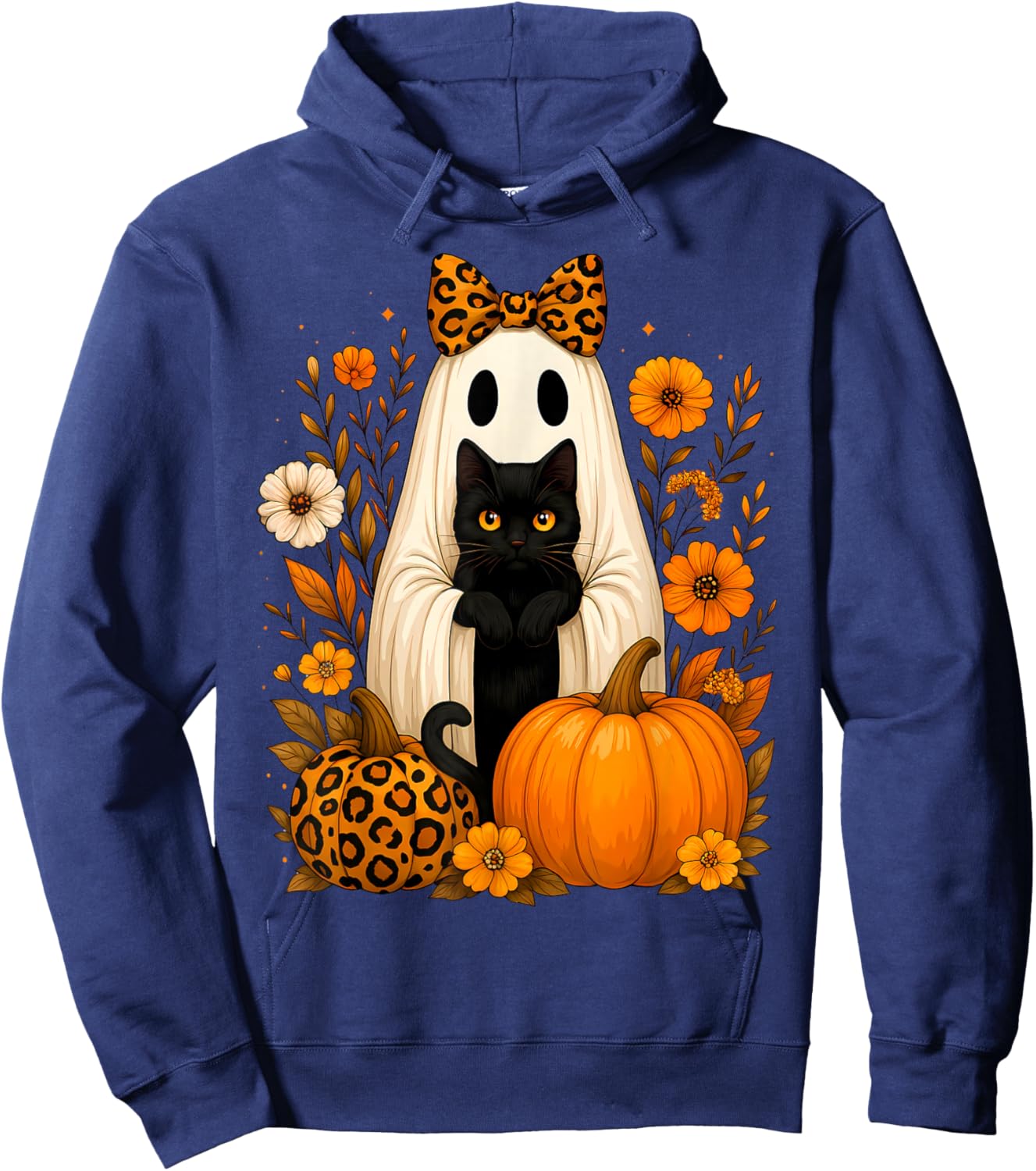 Ghost Holding Black Cat Leopard Print Autumn Halloween Women Hoodie - Hoodie | Navy