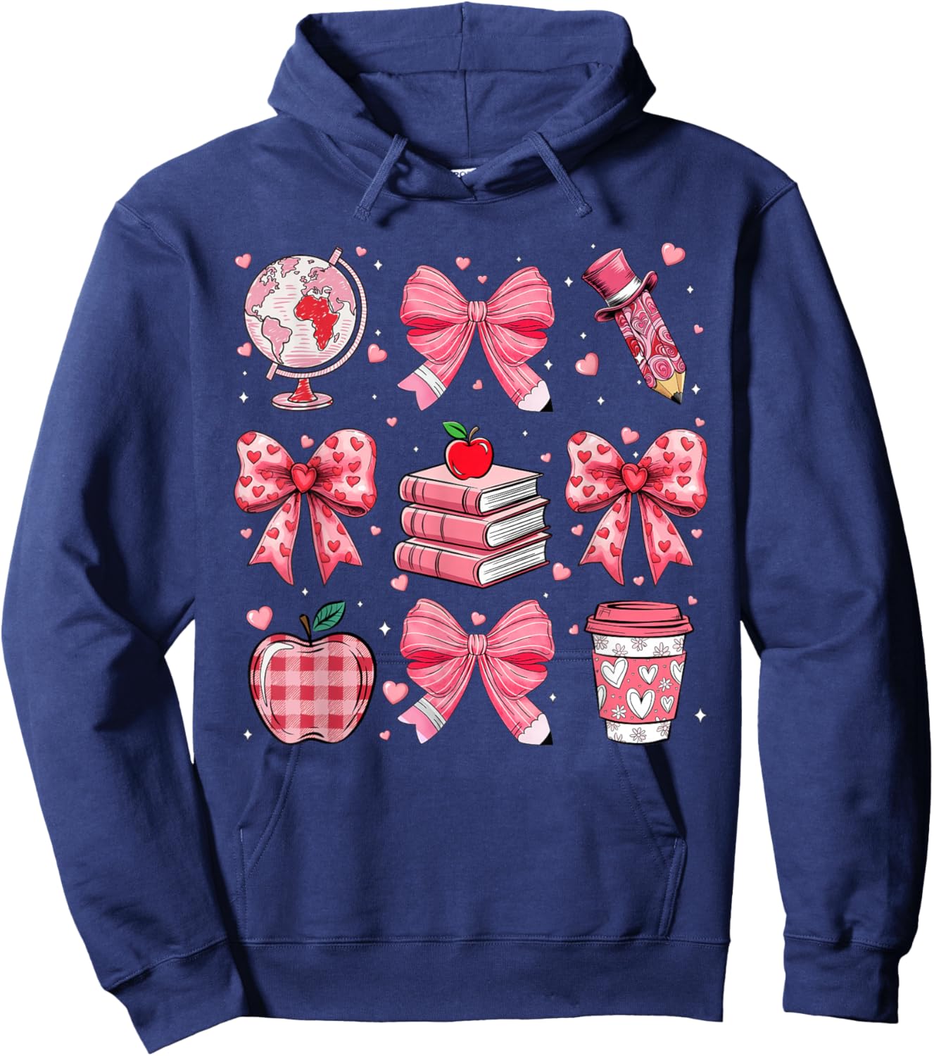 Coquette Pink Bow Apple Teacher Appreciation Valentine Day Hoodie - Hoodie | Navy