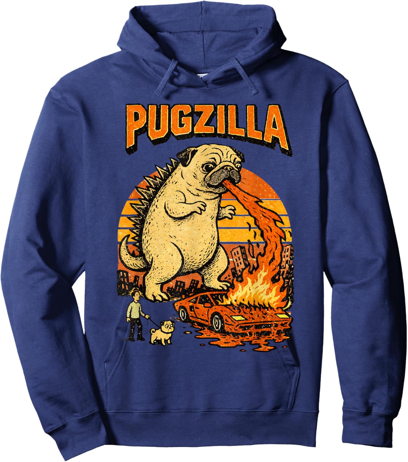 Pugzilla Funny Giant Pug Dog Meme Parody Illustration Hoodie - Hoodie | Navy