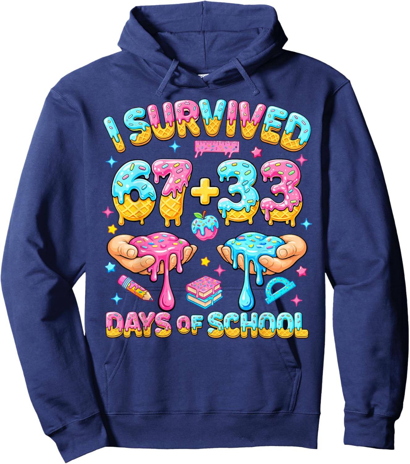 I Survived 67+33 Days of School 100 Days Teachers Kids Boys Hoodie - Hoodie | Navy