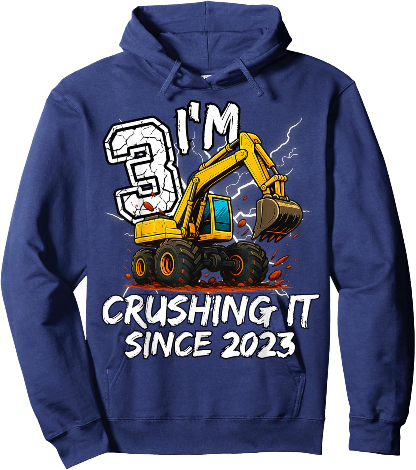 Birthday Excavator Truck 3 Year Old Boys 3rd Party Born 2023 Hoodie - Hoodie | Navy