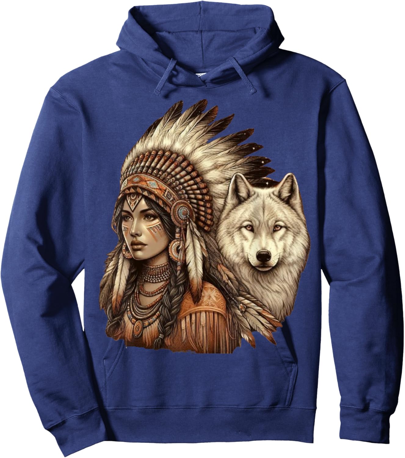 Indian Native American Woman with White Wolf Vintage Hoodie - Hoodie | Navy