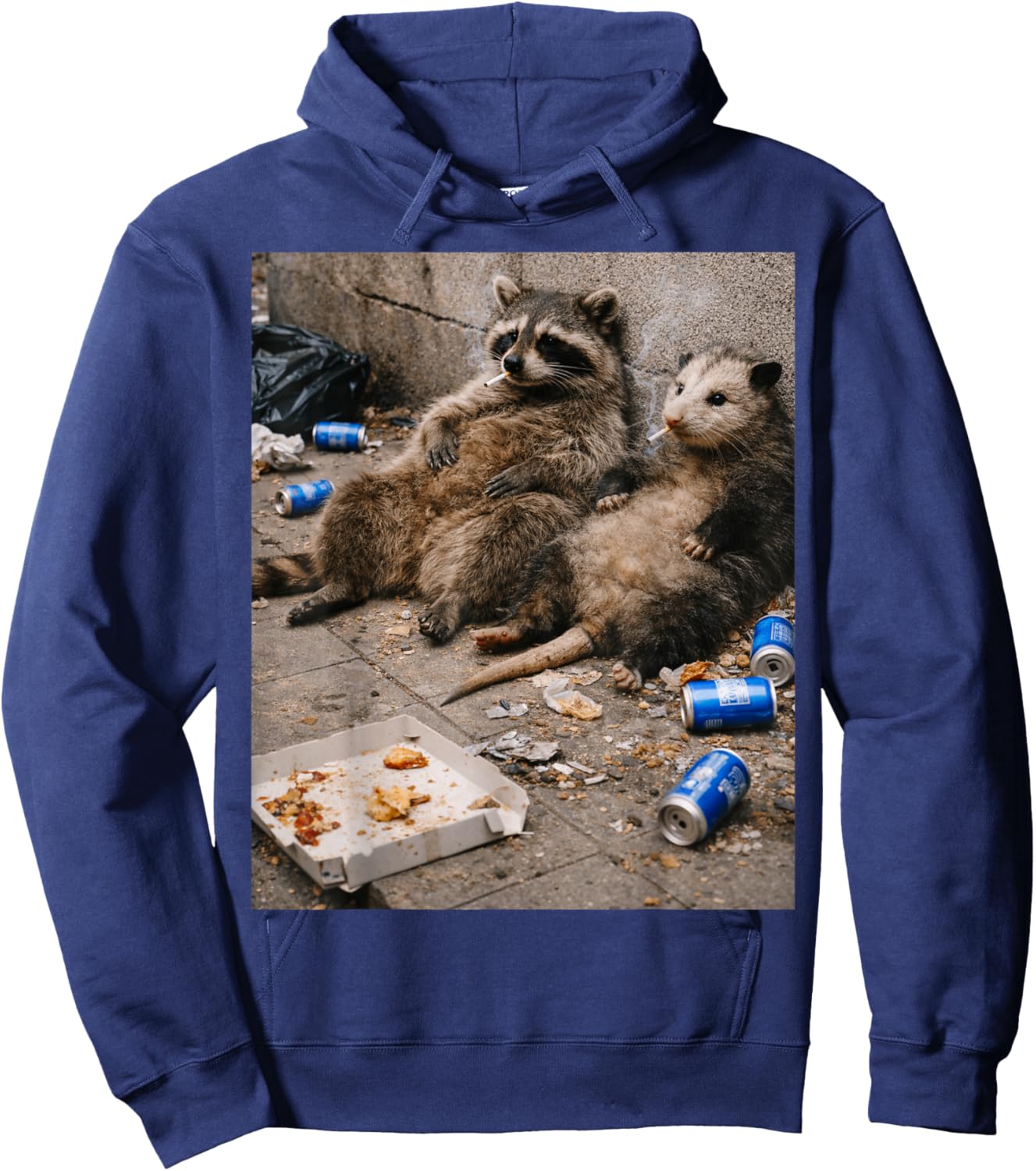 Raccoon and Opossum Smoking Cigarette with Trash Hoodie - Hoodie | Navy