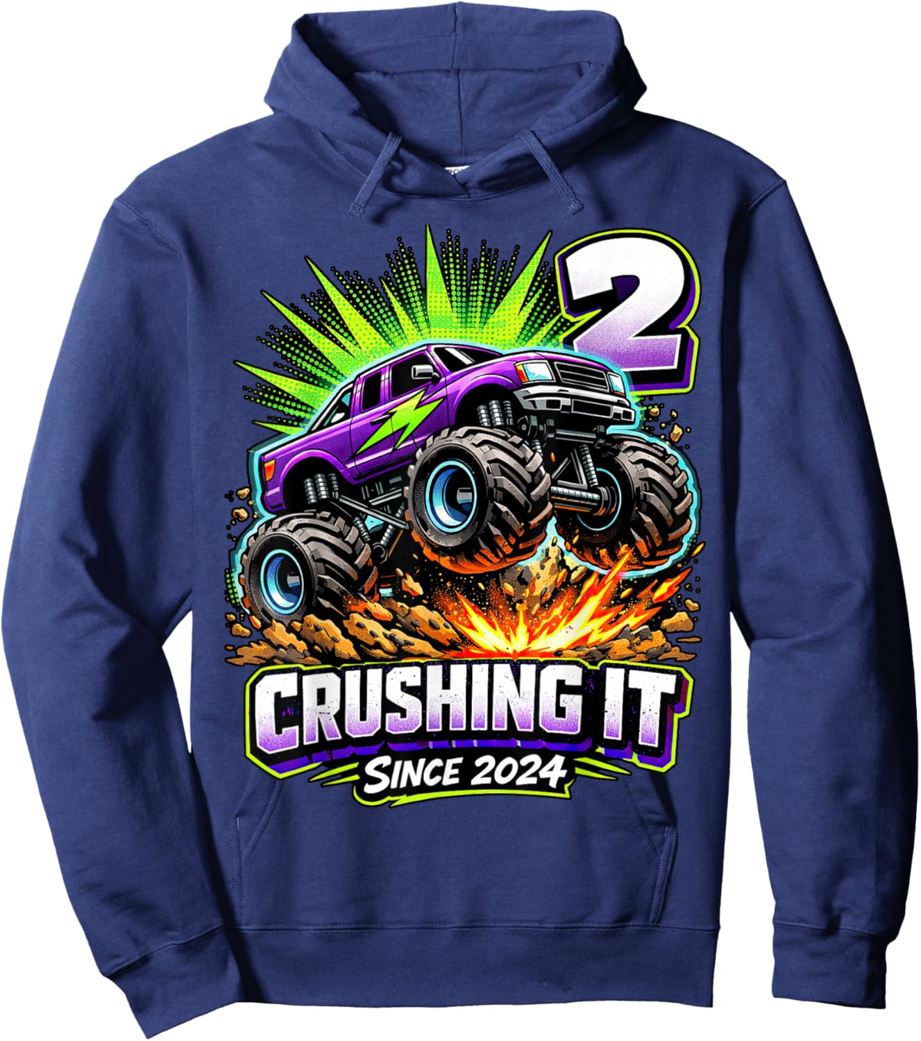 Birthday Monster Truck 2 Year Old Boys 2nd Party Born 2024 Hoodie - Hoodie | Navy