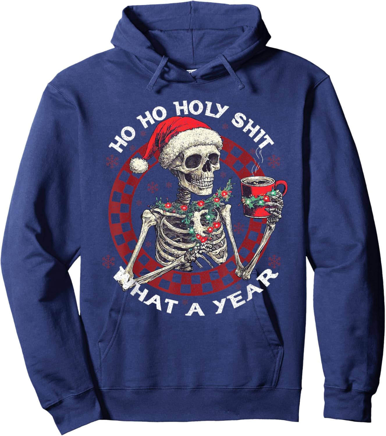 Retro Ho Ho Holy Shit What A Year Santa Skeleton Merry Xmas Hoodie - Hoodie | Navy