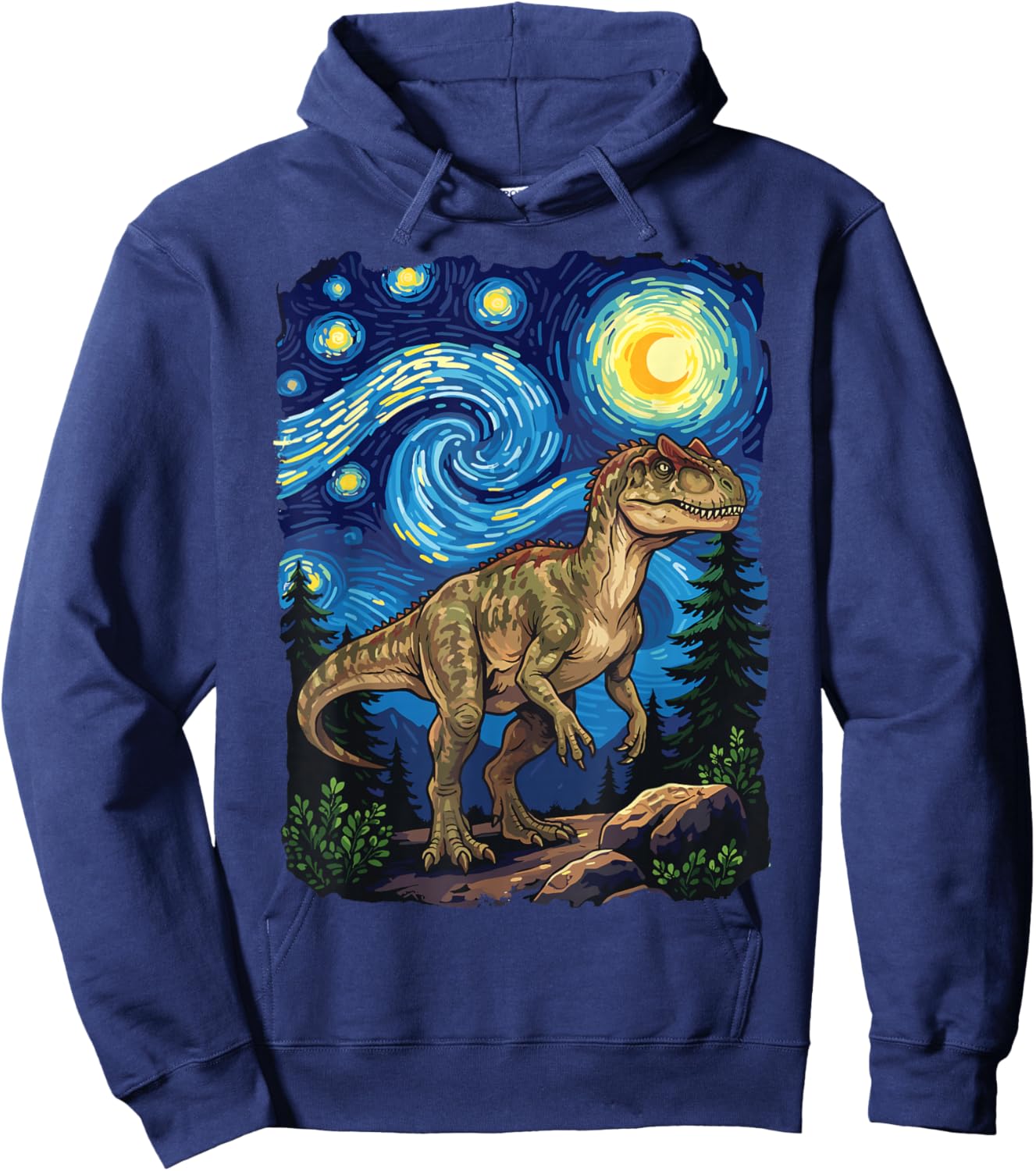 Allosaurus Dinosaur Prehistoric Starry Night Van Gogh Dino Hoodie - Hoodie | Navy
