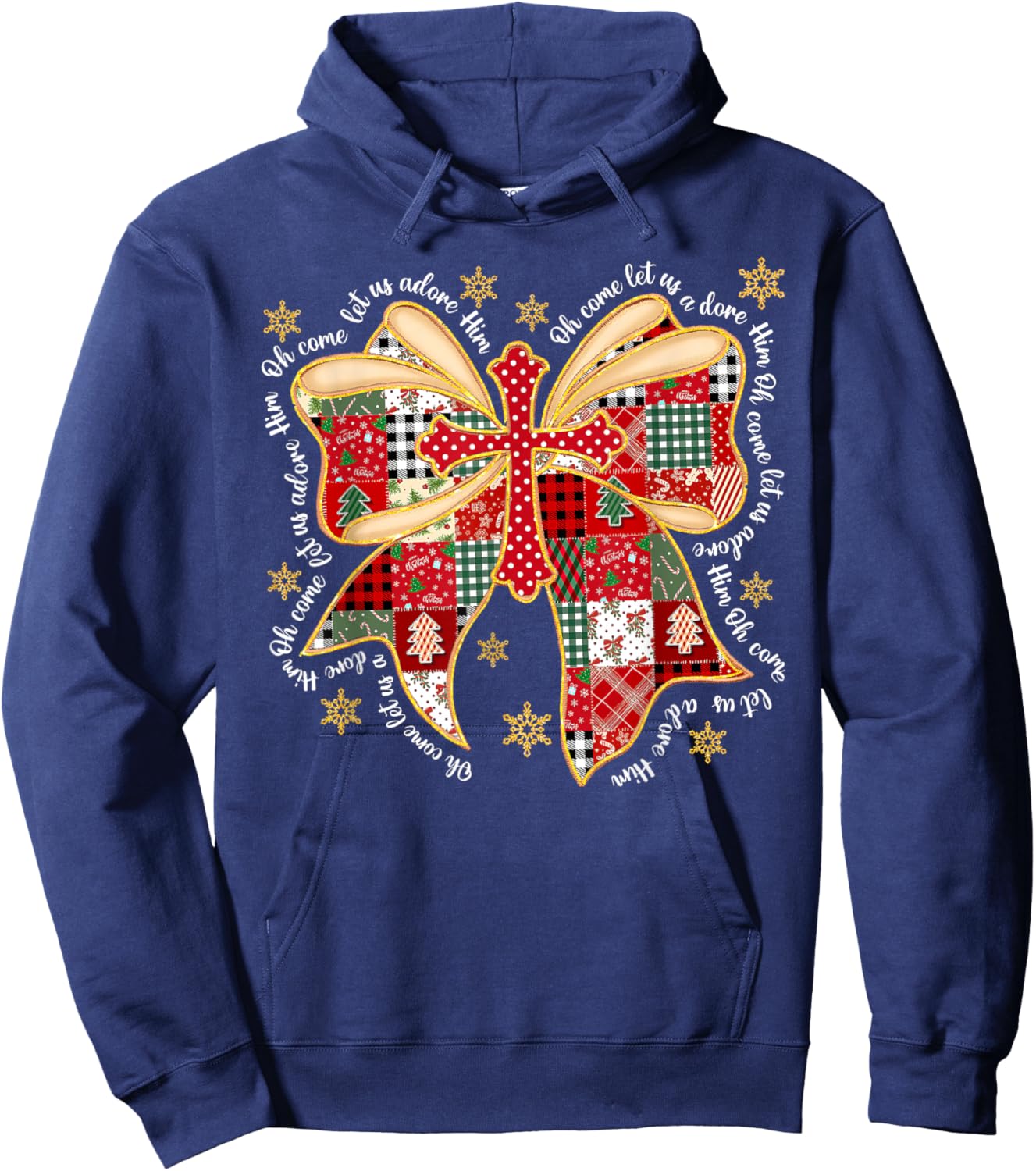 Oh Come Let Us Adore Him Jesus Coquette Bow Cross Patchwork Hoodie - Hoodie | Navy