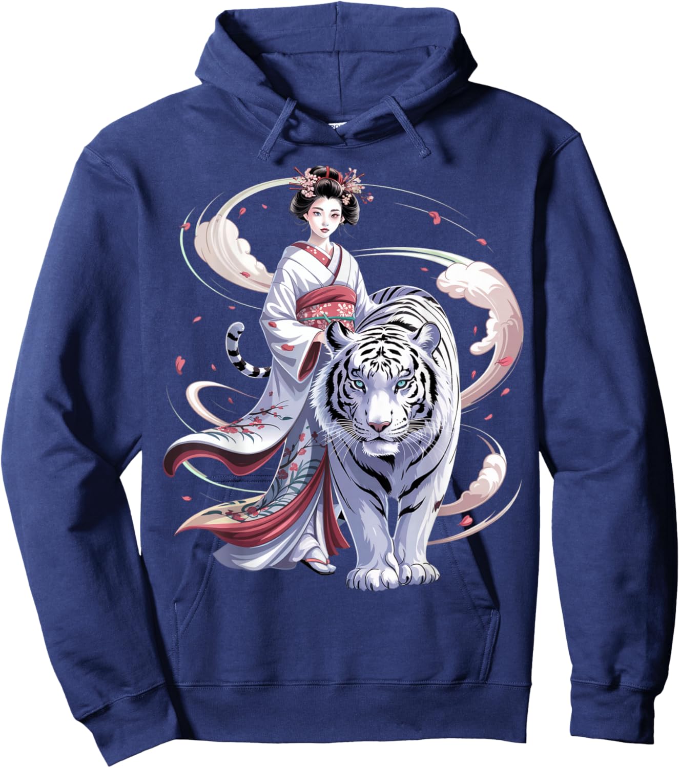 White Tiger Sakura Japanese Geisha Guardian Hoodie - Hoodie | Navy