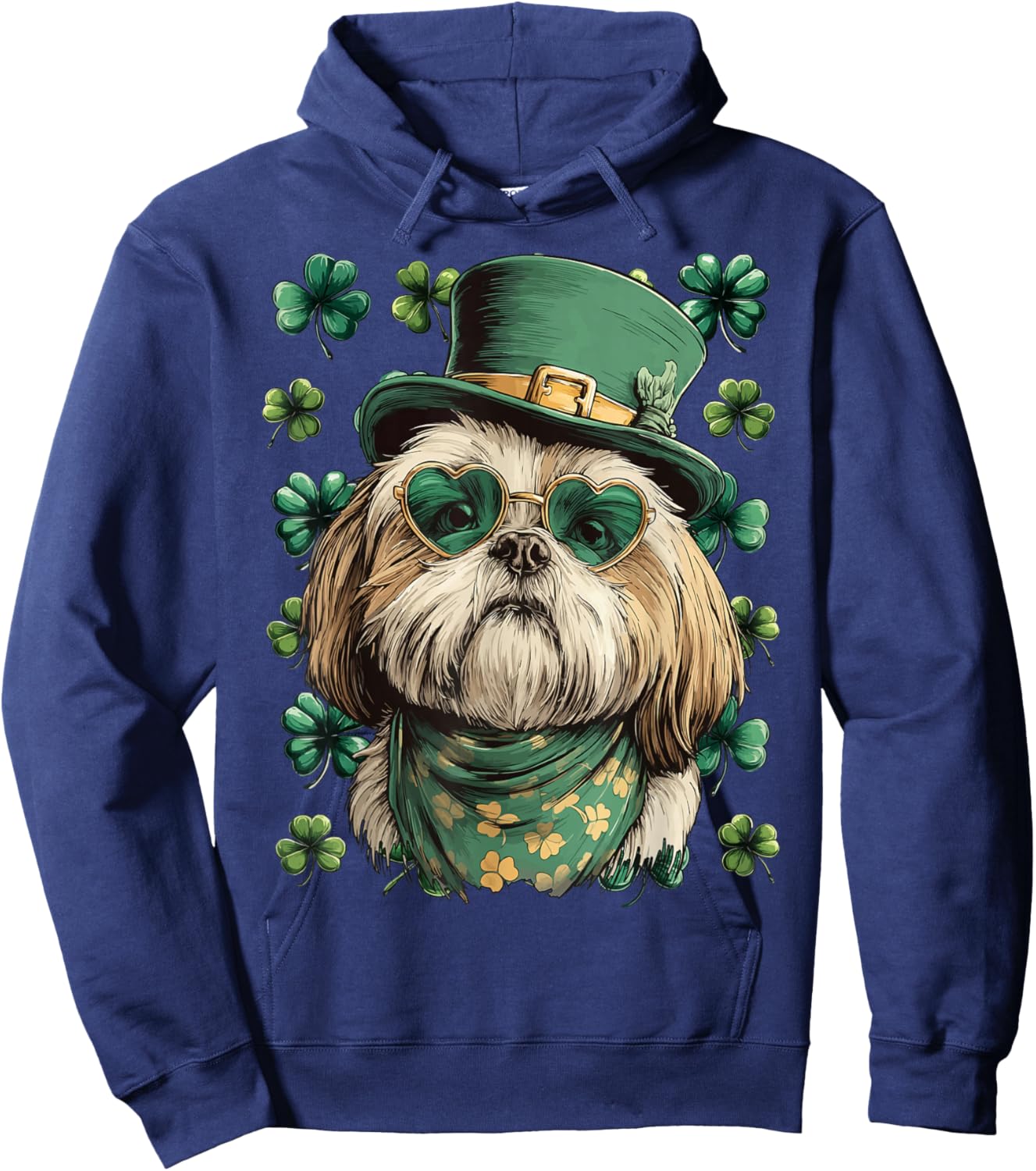 Shih Tzu with Shamrocks Hearts Sunglasses St Patricks Day Hoodie - Hoodie | Navy