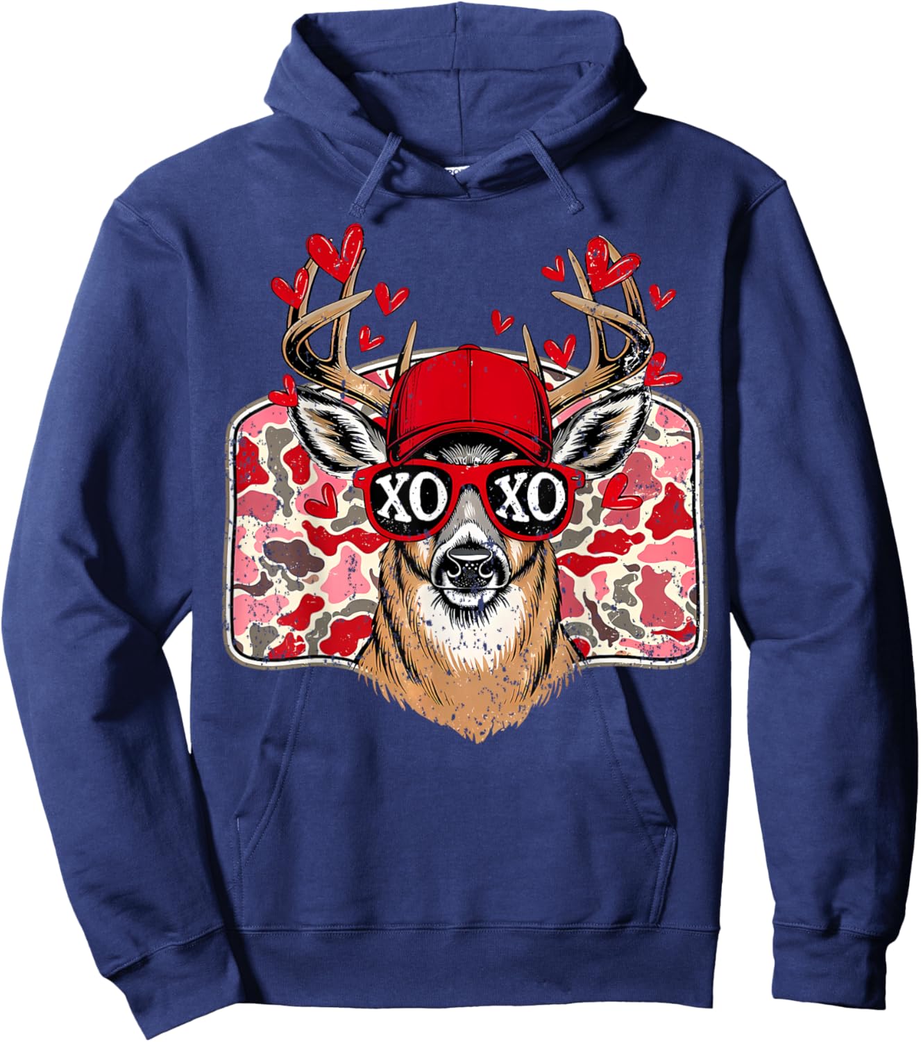 Retro Valentine Buck Deer Hunting Camo XOXO Valentines Day Hoodie - Hoodie | Navy