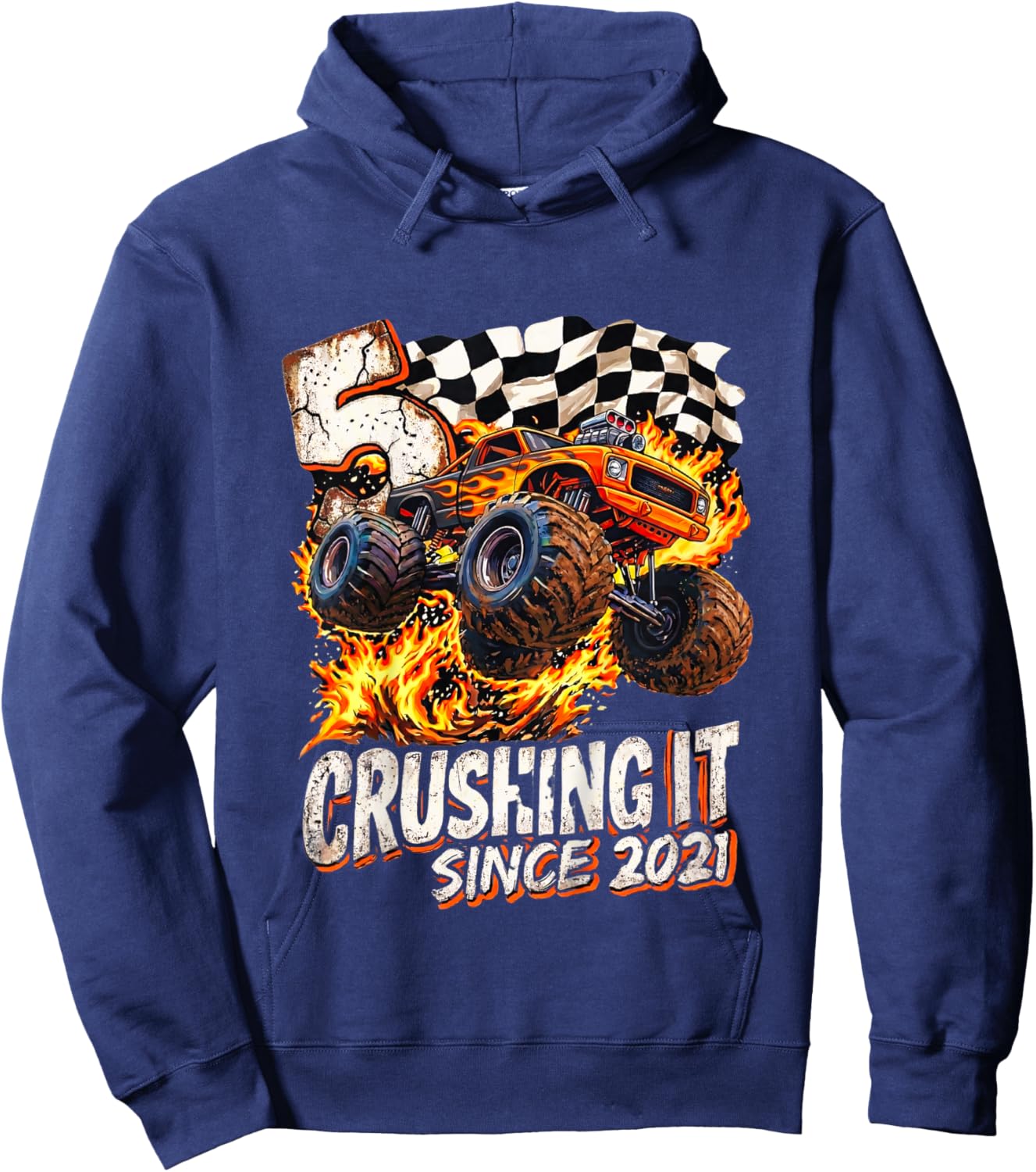 Kids Birthday Monster Truck Boys 5 Crushing It Since 2021 Kids Hoodie - Hoodie | Navy