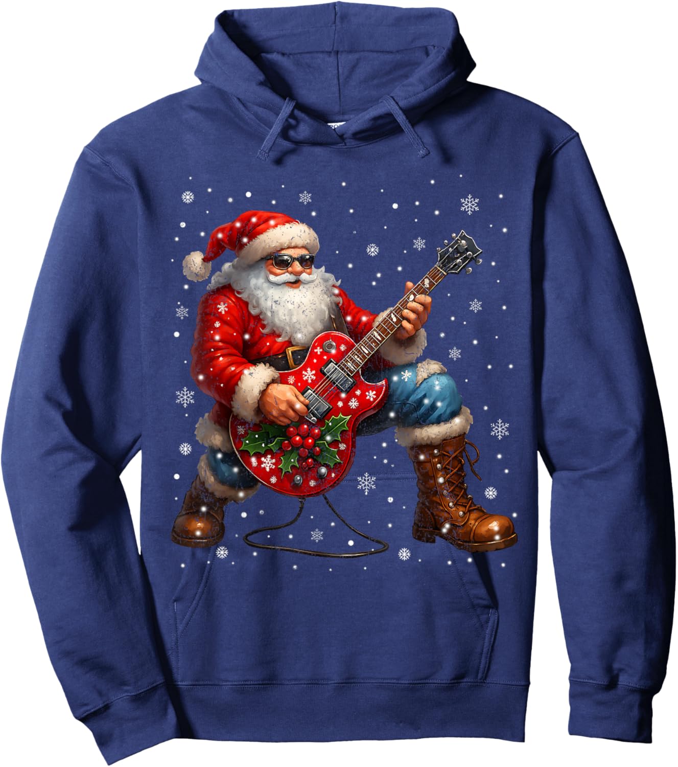 Vintage Rock On Santa Graphic Christmas Xmas Guitar Hoodie - Hoodie | Navy
