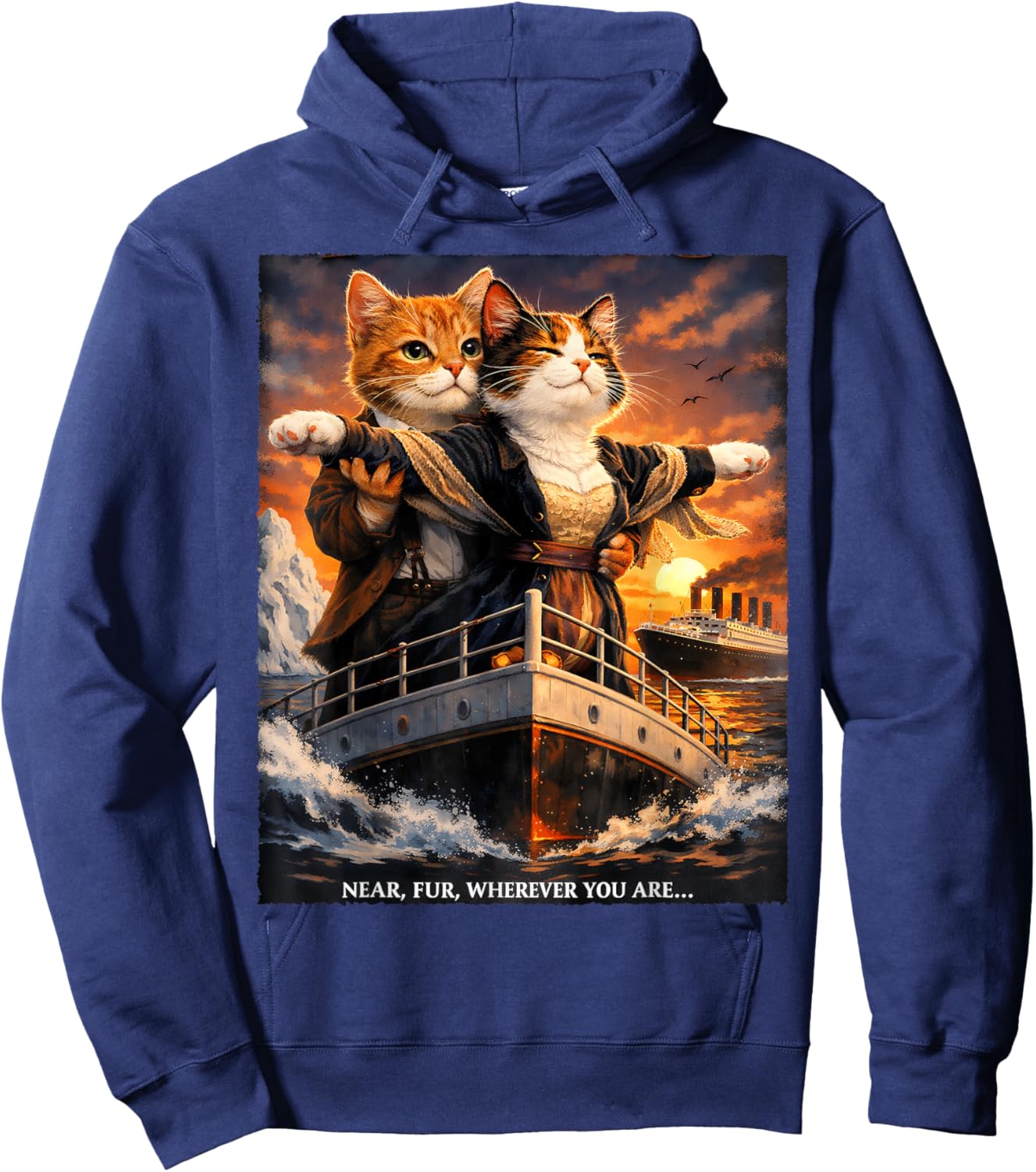 Titanic Cats Funny Romantic Parody Cute Cat Lover Humor Hoodie - Hoodie | Navy