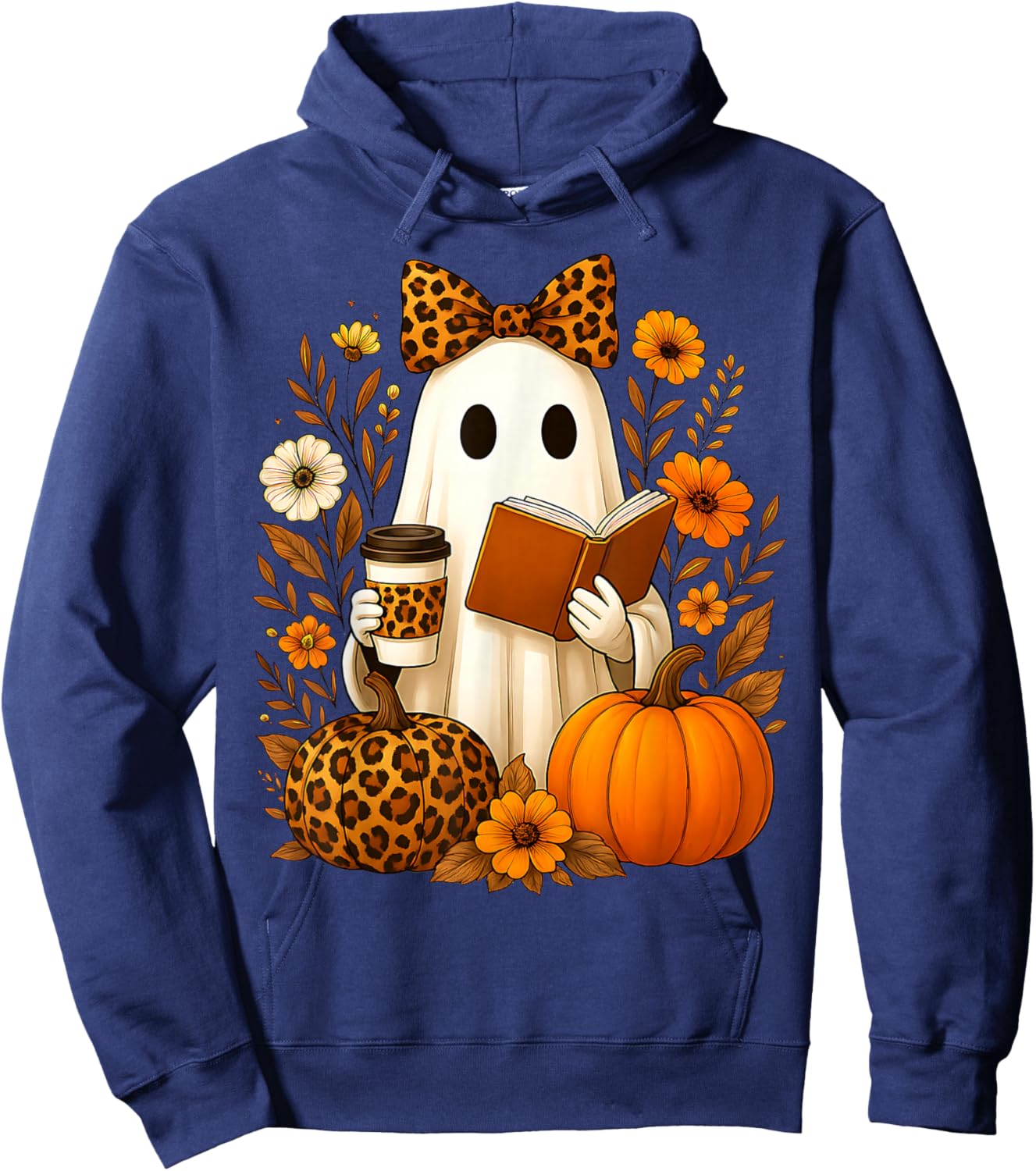Ghost Reading Book Coffee Leopard Print Fall Halloween Women Hoodie - Hoodie | Navy