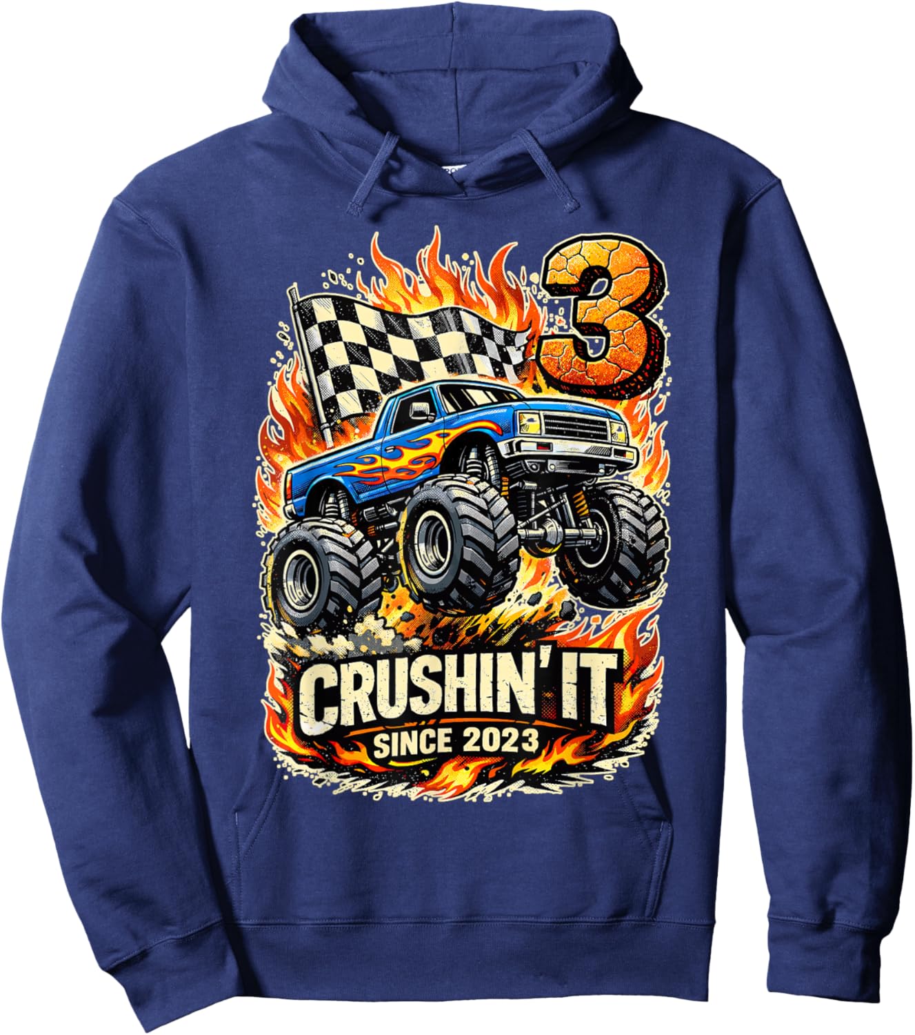 Birthday Monster Truck 3 Year Old Boys 3rd Party Born 2023 Hoodie - Hoodie | Navy
