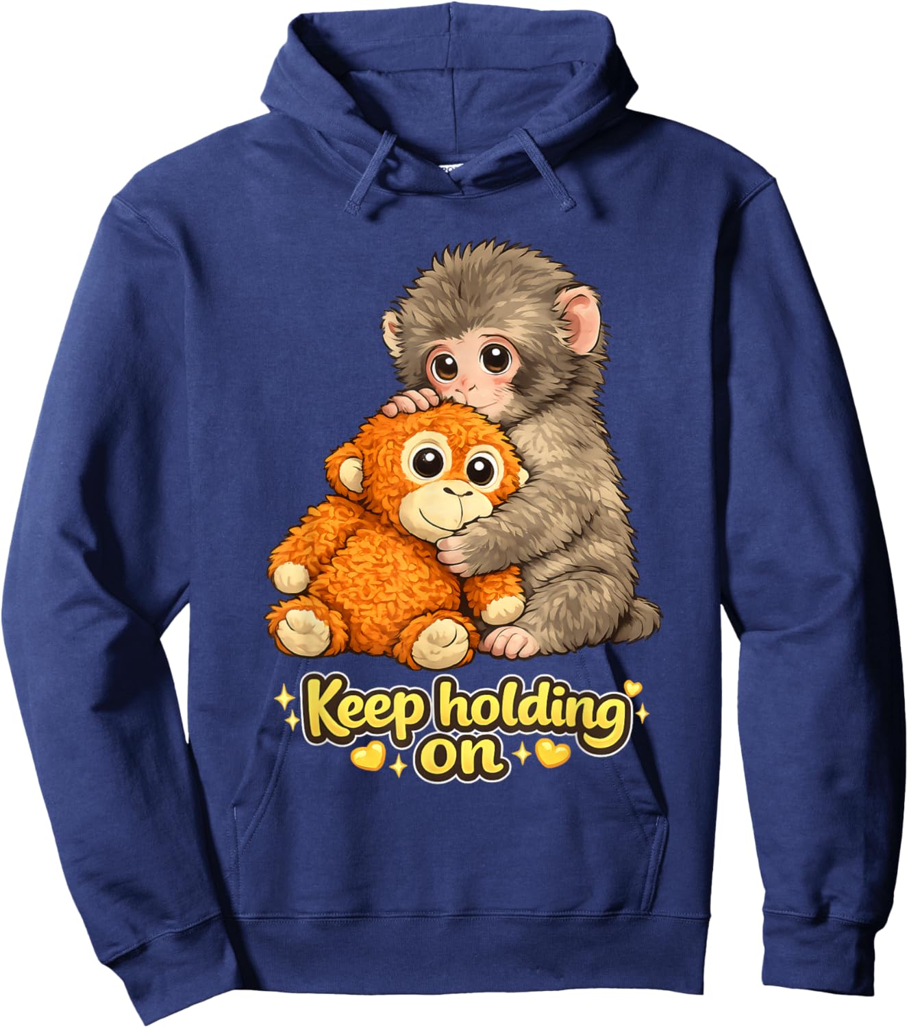 Punch Monkey with Teddy Bear Cuddling Keep Holding On Meme Hoodie - Hoodie | Navy