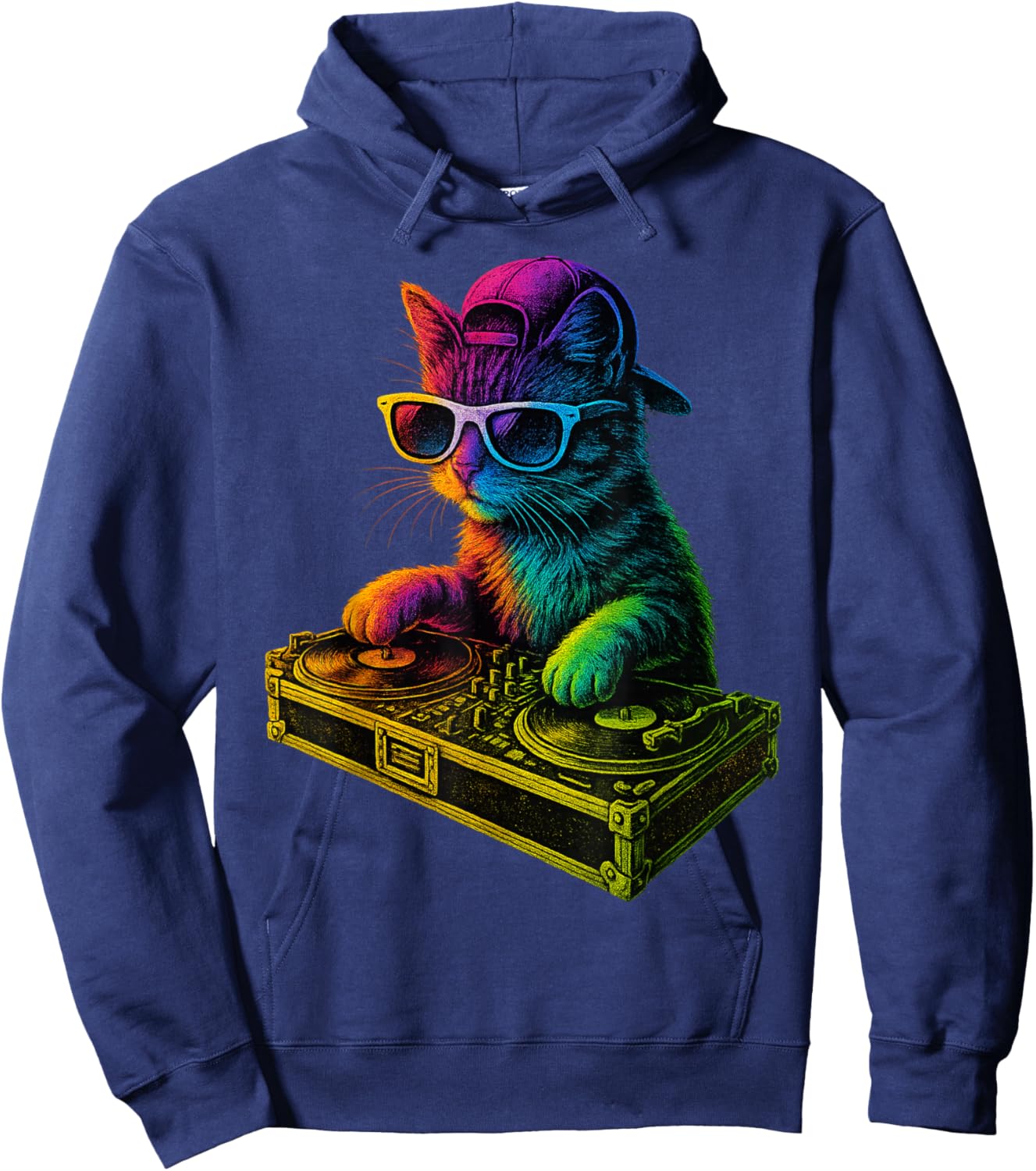 Rainbow DJ Cat Kitty House Music Turntable Design Hoodie - Hoodie | Navy