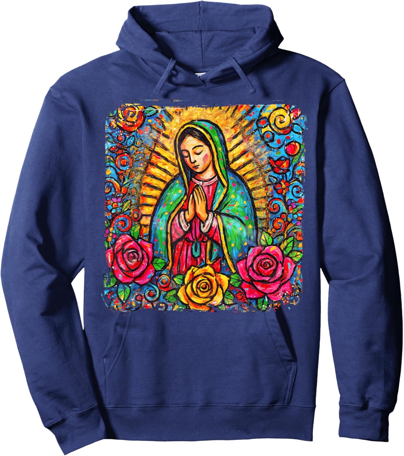 Our Lady Virgen De Guadalupe Saint Virgin Mary Pink Roses Hoodie - Hoodie | Navy